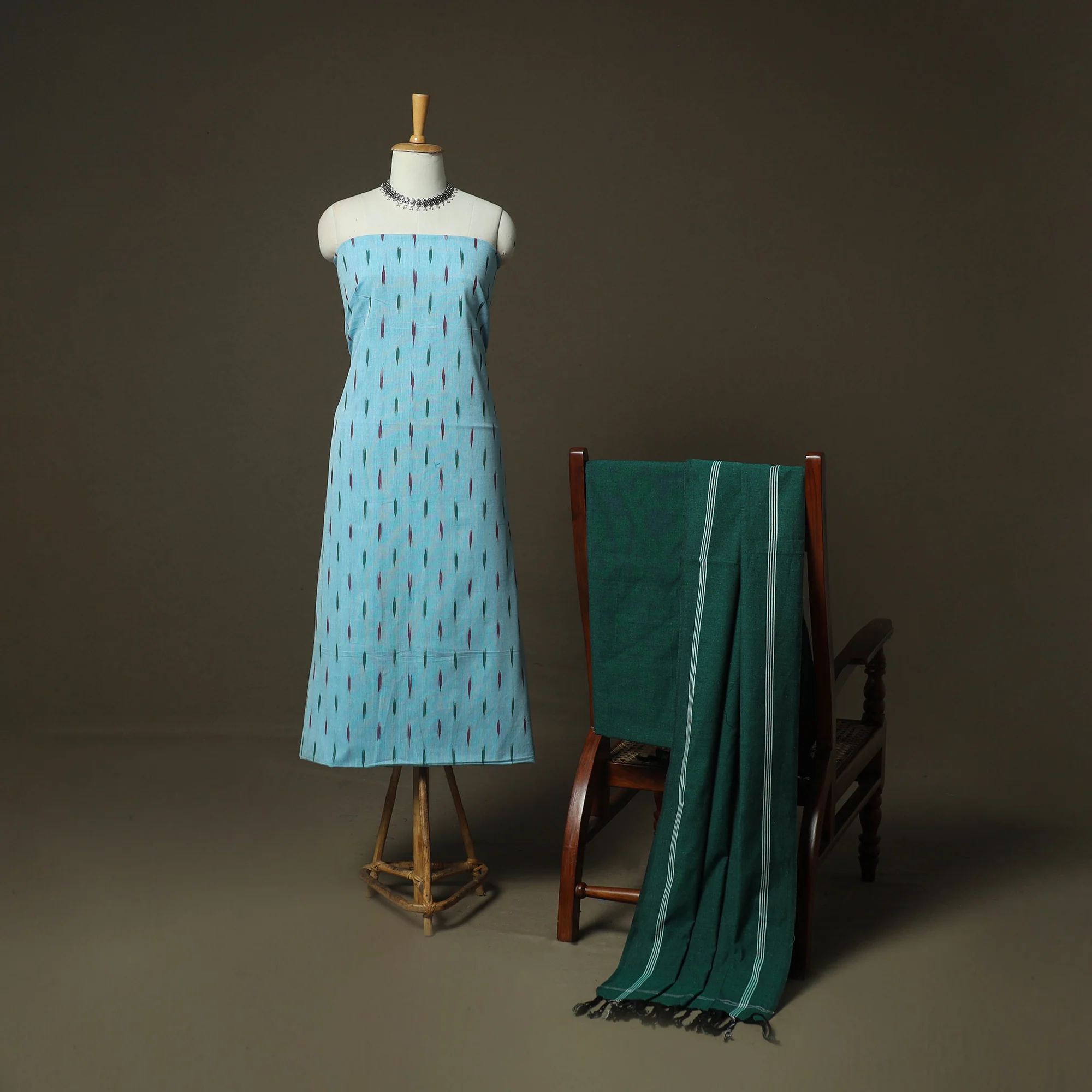 Blue - Pochampally Ikat Weave Cotton 3pc Unstitched Dress Material Suit Set 09 - Image 2