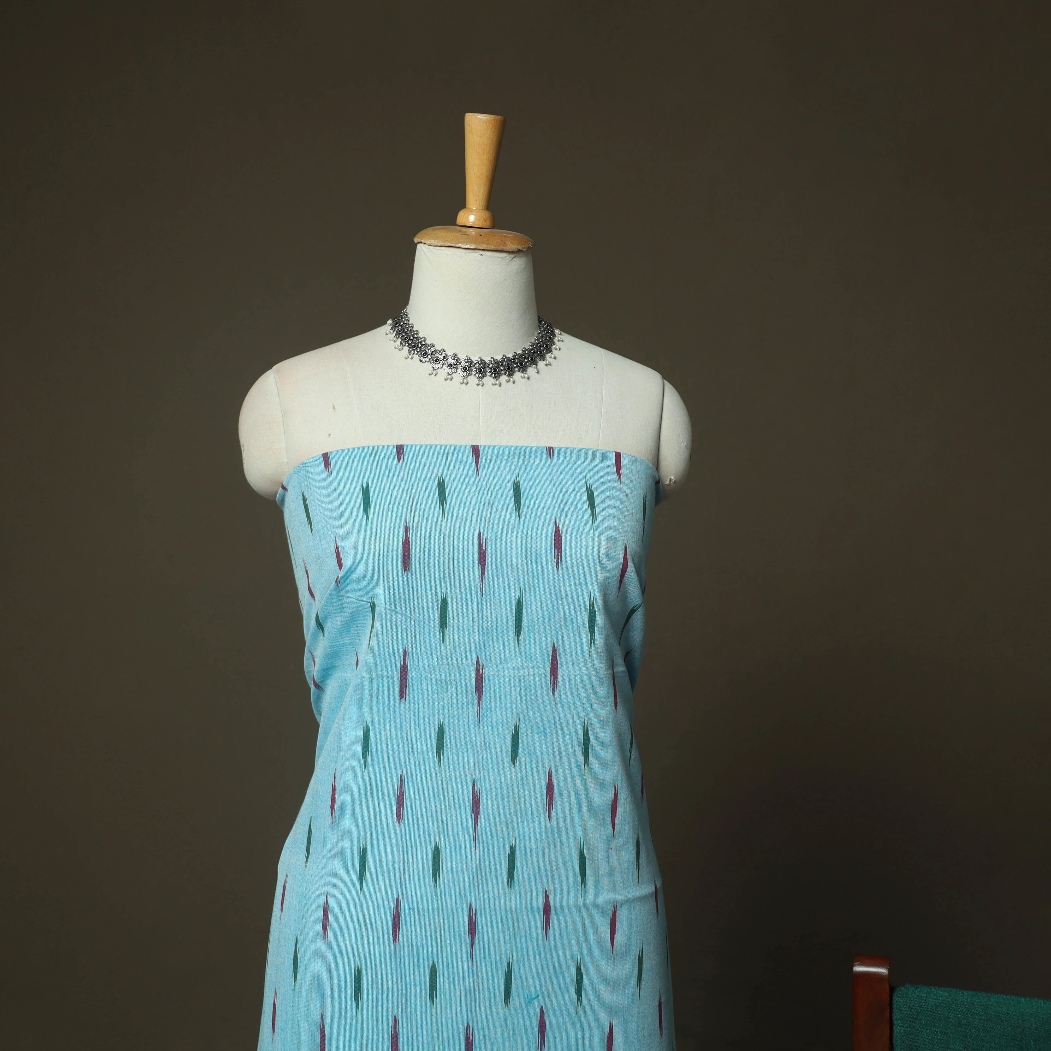 Blue - Pochampally Ikat Weave Cotton 3pc Unstitched Dress Material Suit Set 09 - Image 3