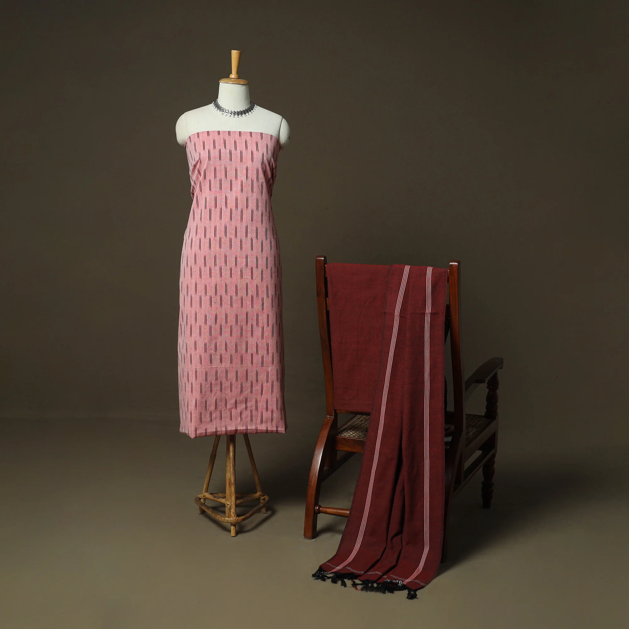 Pink - Pochampally Ikat Weave Cotton 3pc Unstitched Dress Material Suit Set 10 - Image 2