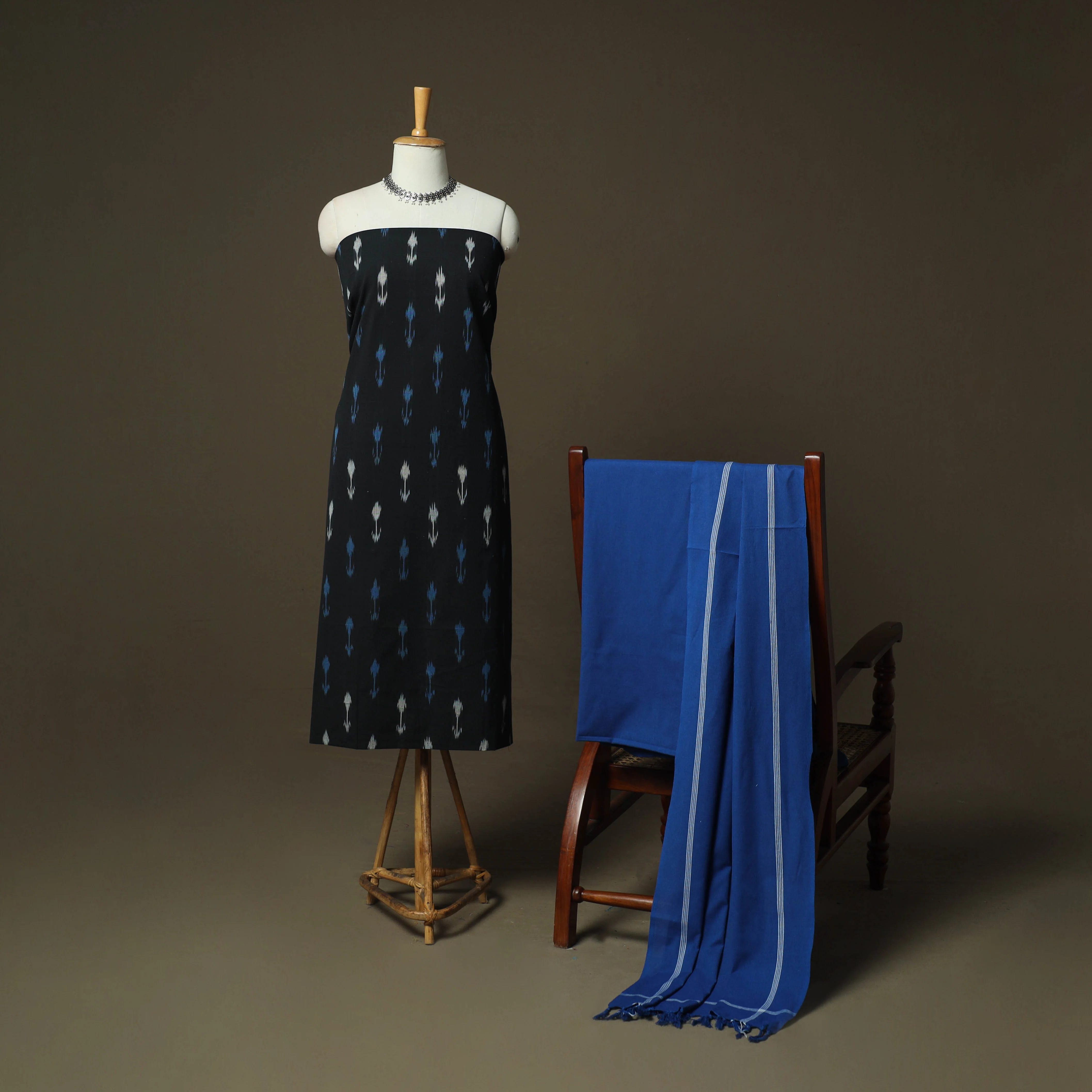 Black - Pochampally Ikat Weave Cotton 3pc Unstitched Dress Material Suit Set 11 - Image 2