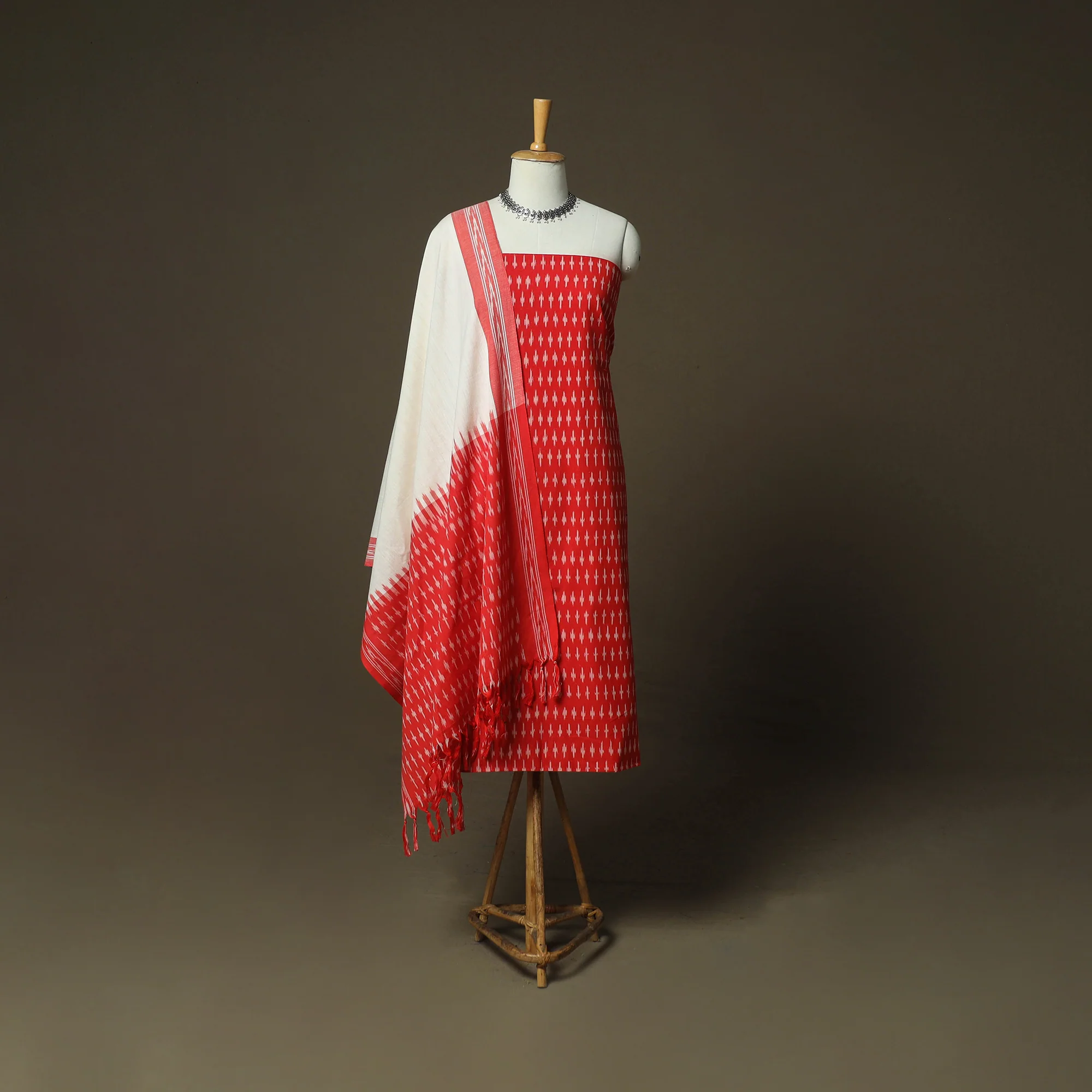 Red - Pochampally Ikat Weave Cotton 3pc Unstitched Dress Material Suit Set 12