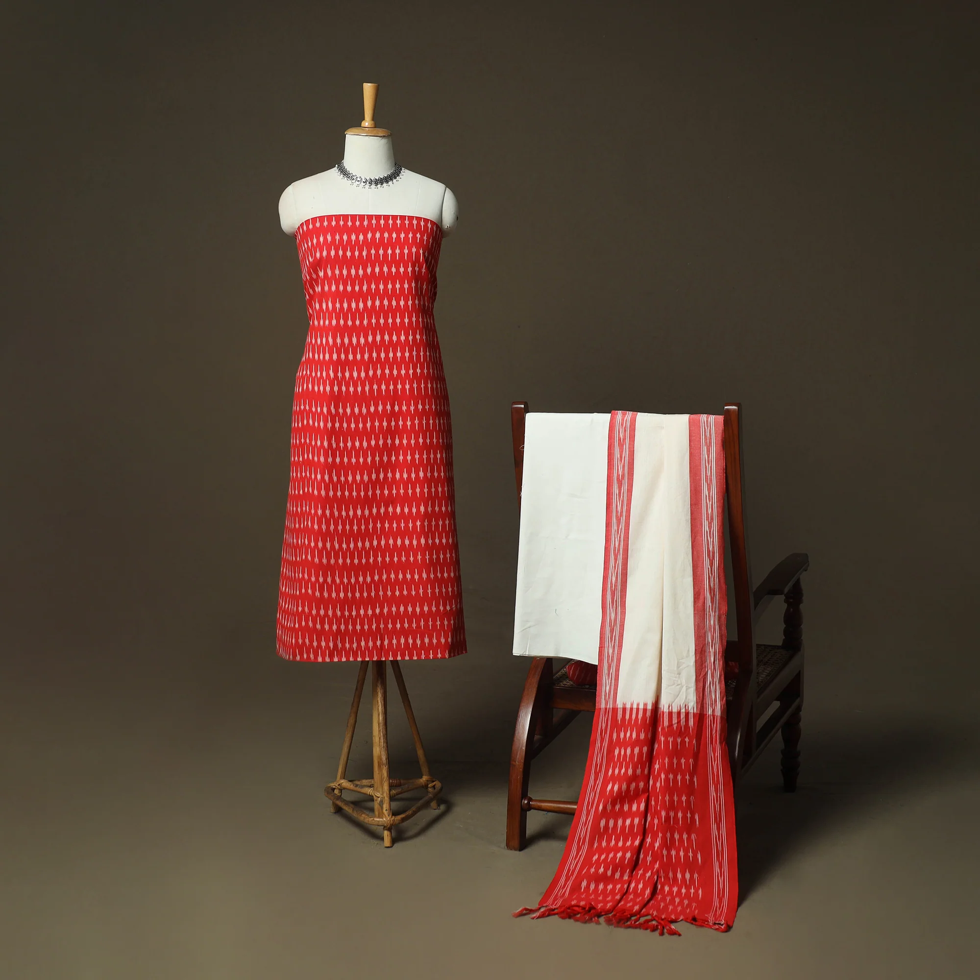 Red - Pochampally Ikat Weave Cotton 3pc Unstitched Dress Material Suit Set 12 - Image 2