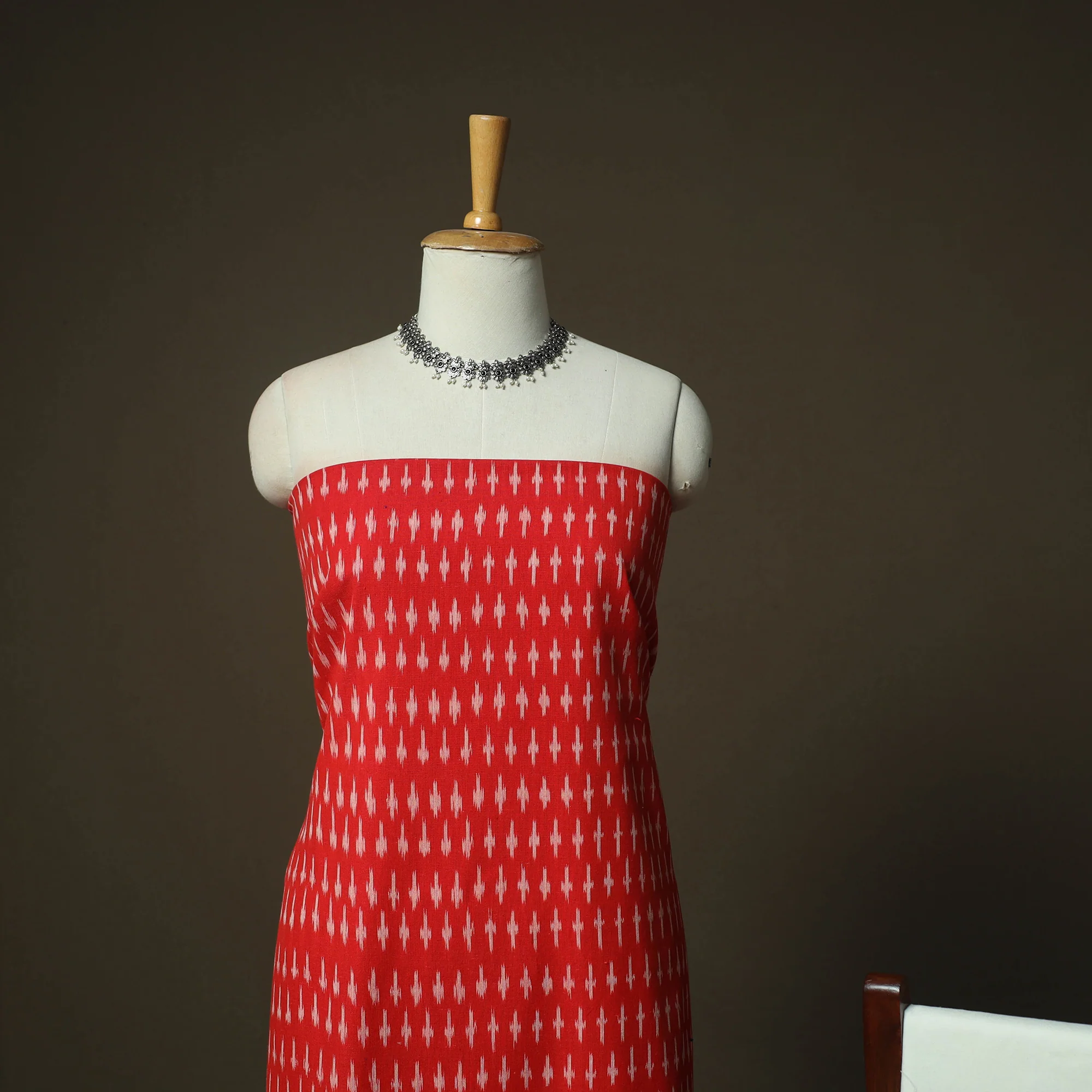 Red - Pochampally Ikat Weave Cotton 3pc Unstitched Dress Material Suit Set 12 - Image 3