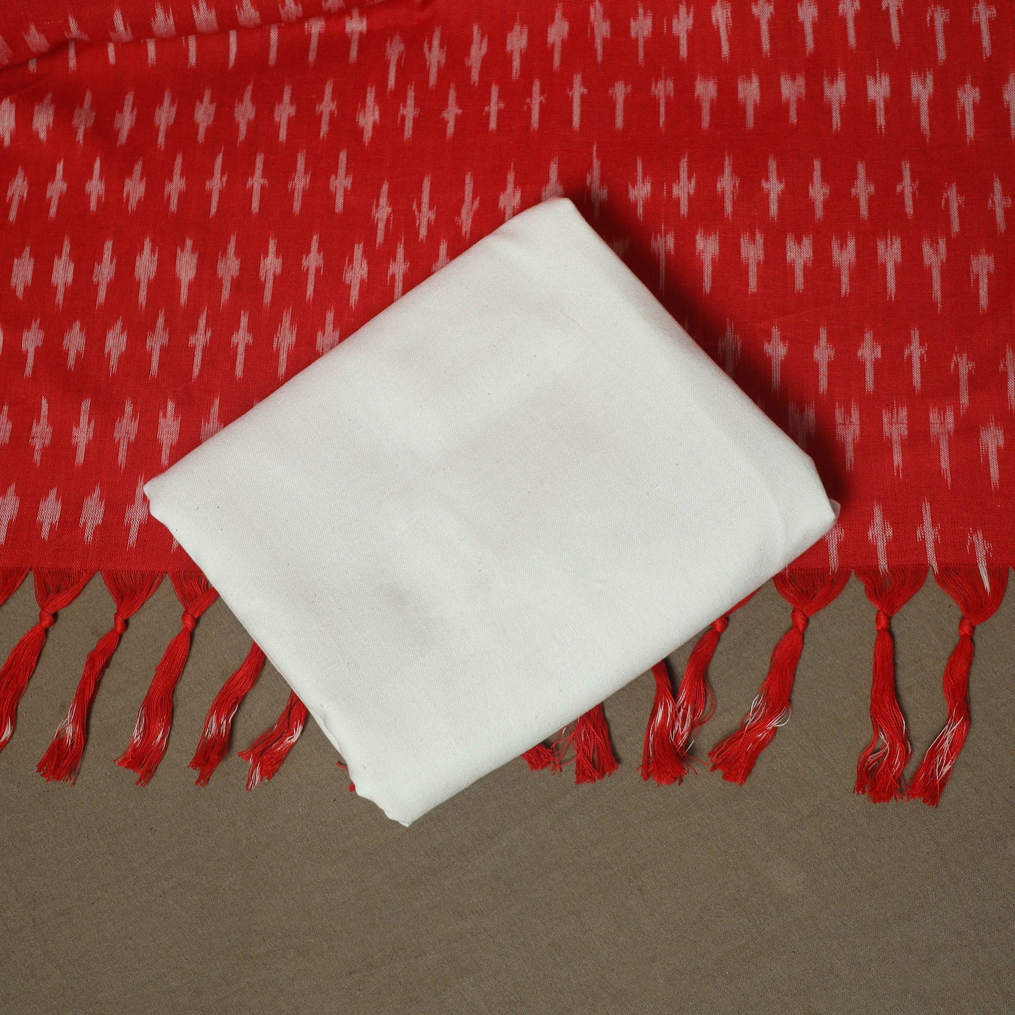 Red - Pochampally Ikat Weave Cotton 3pc Unstitched Dress Material Suit Set 12 - Image 5
