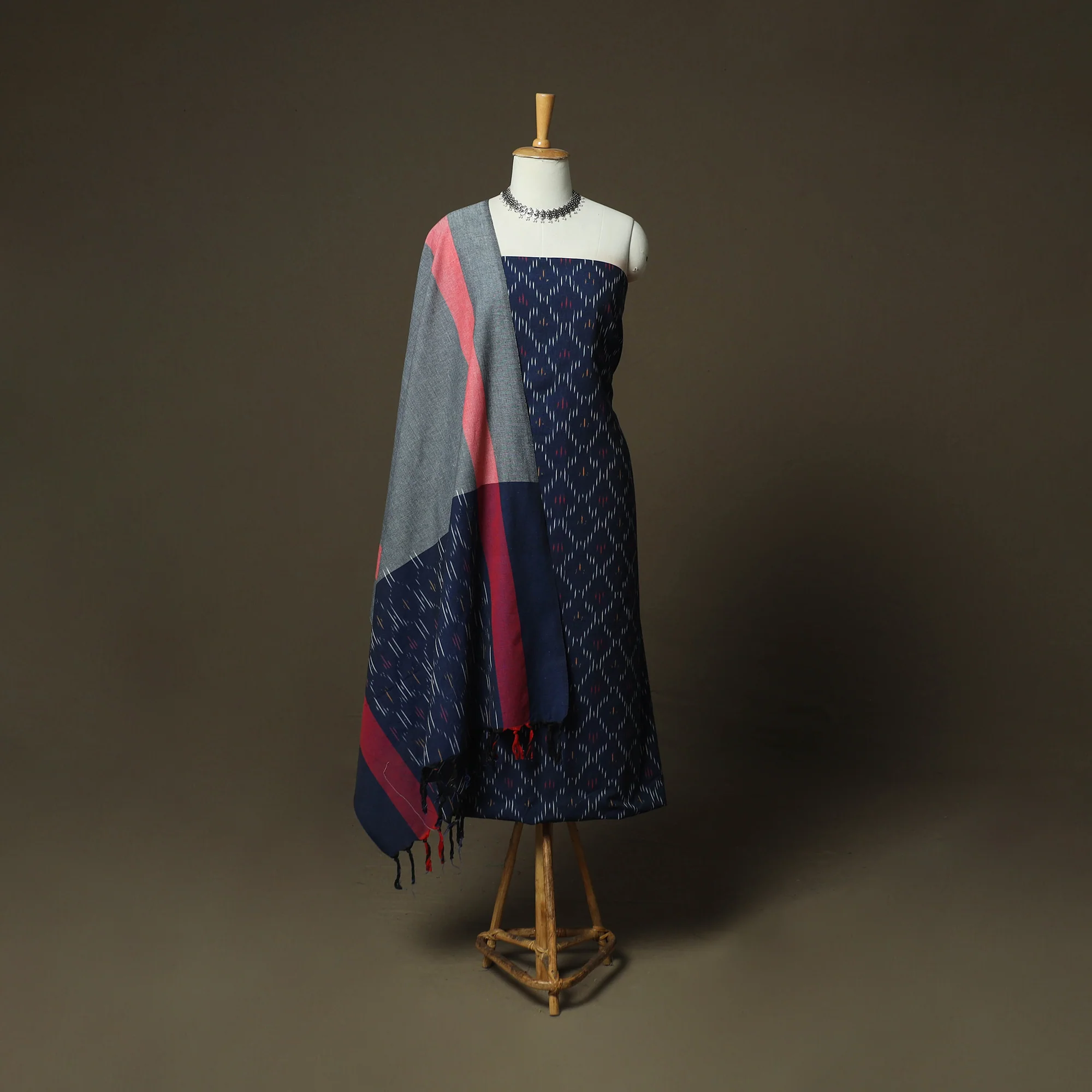 Blue - Pochampally Ikat Weave Cotton 3pc Unstitched Dress Material Suit Set 13