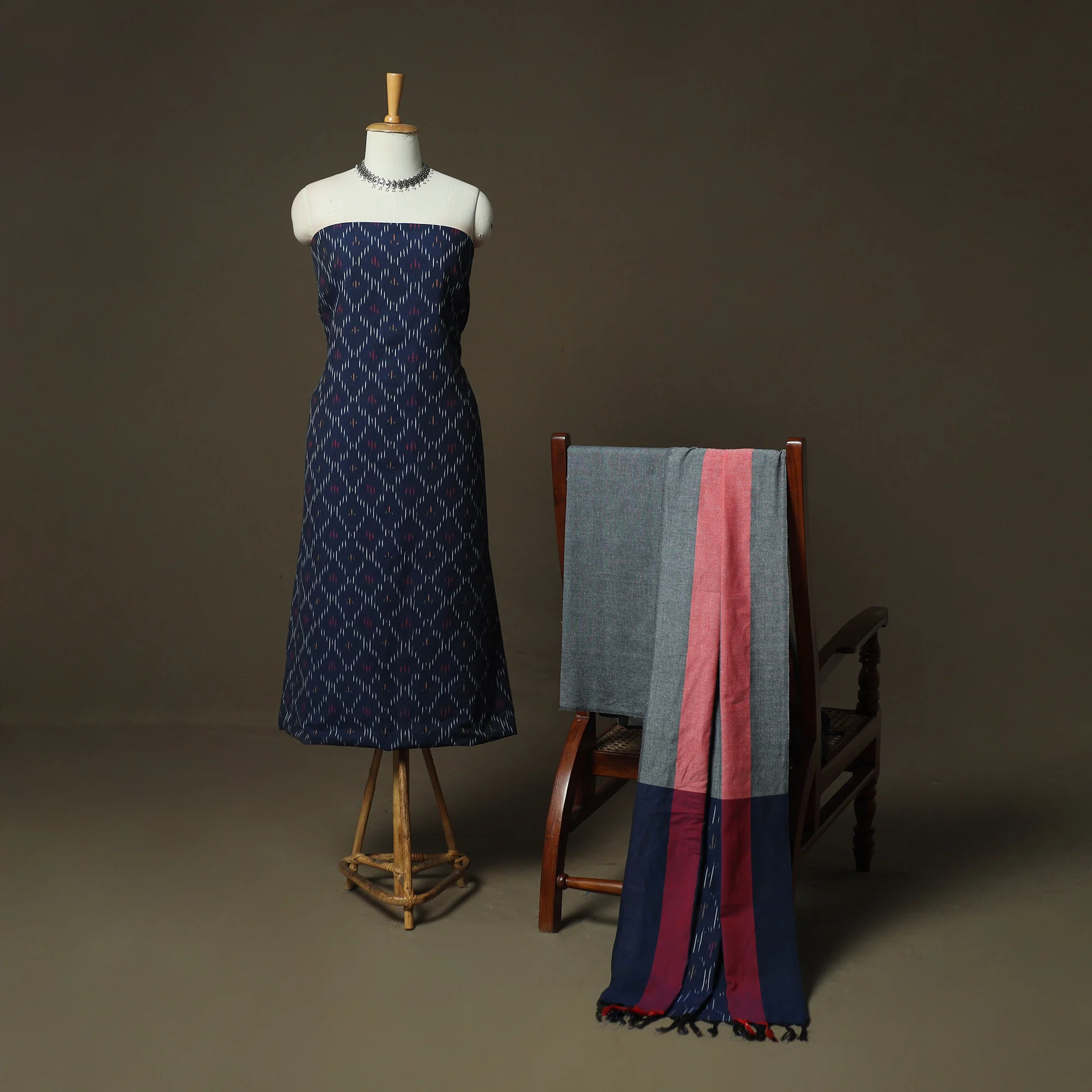 Blue - Pochampally Ikat Weave Cotton 3pc Unstitched Dress Material Suit Set 13 - Image 2