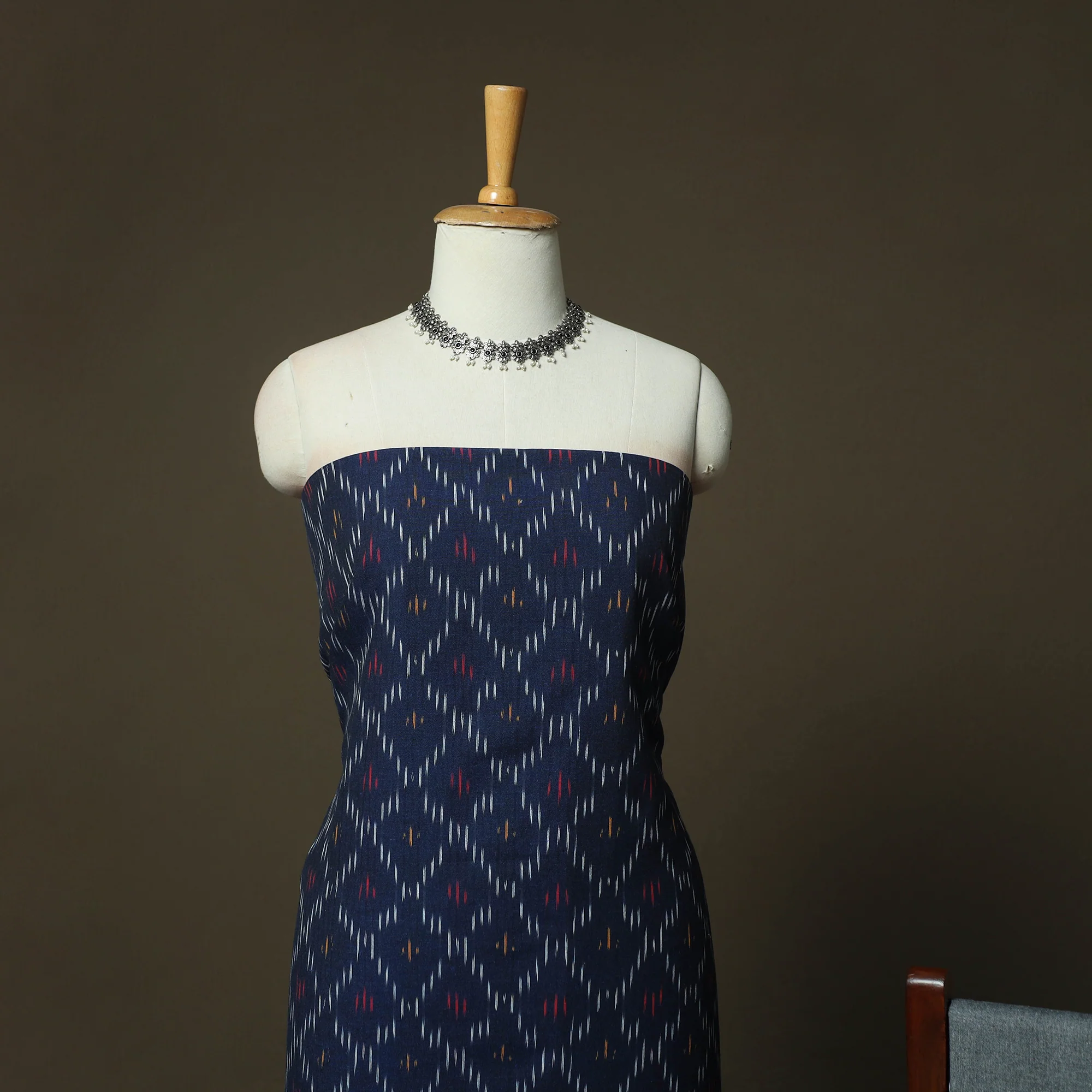 Blue - Pochampally Ikat Weave Cotton 3pc Unstitched Dress Material Suit Set 13 - Image 3