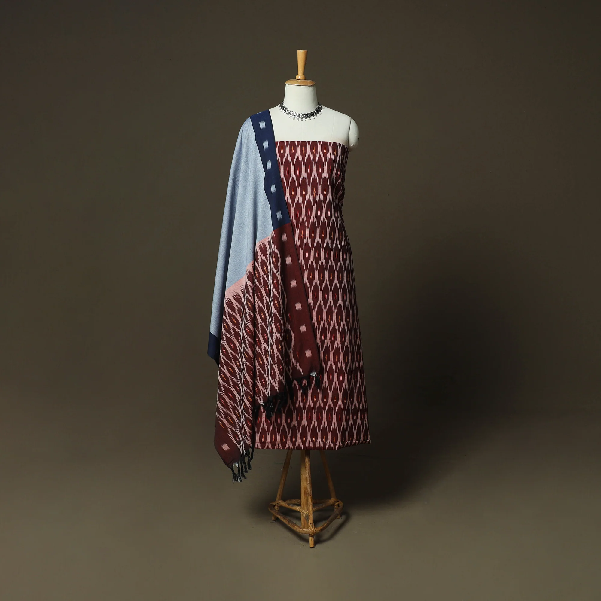 Brown - Pochampally Ikat Weave Cotton 3pc Unstitched Dress Material Suit Set 14