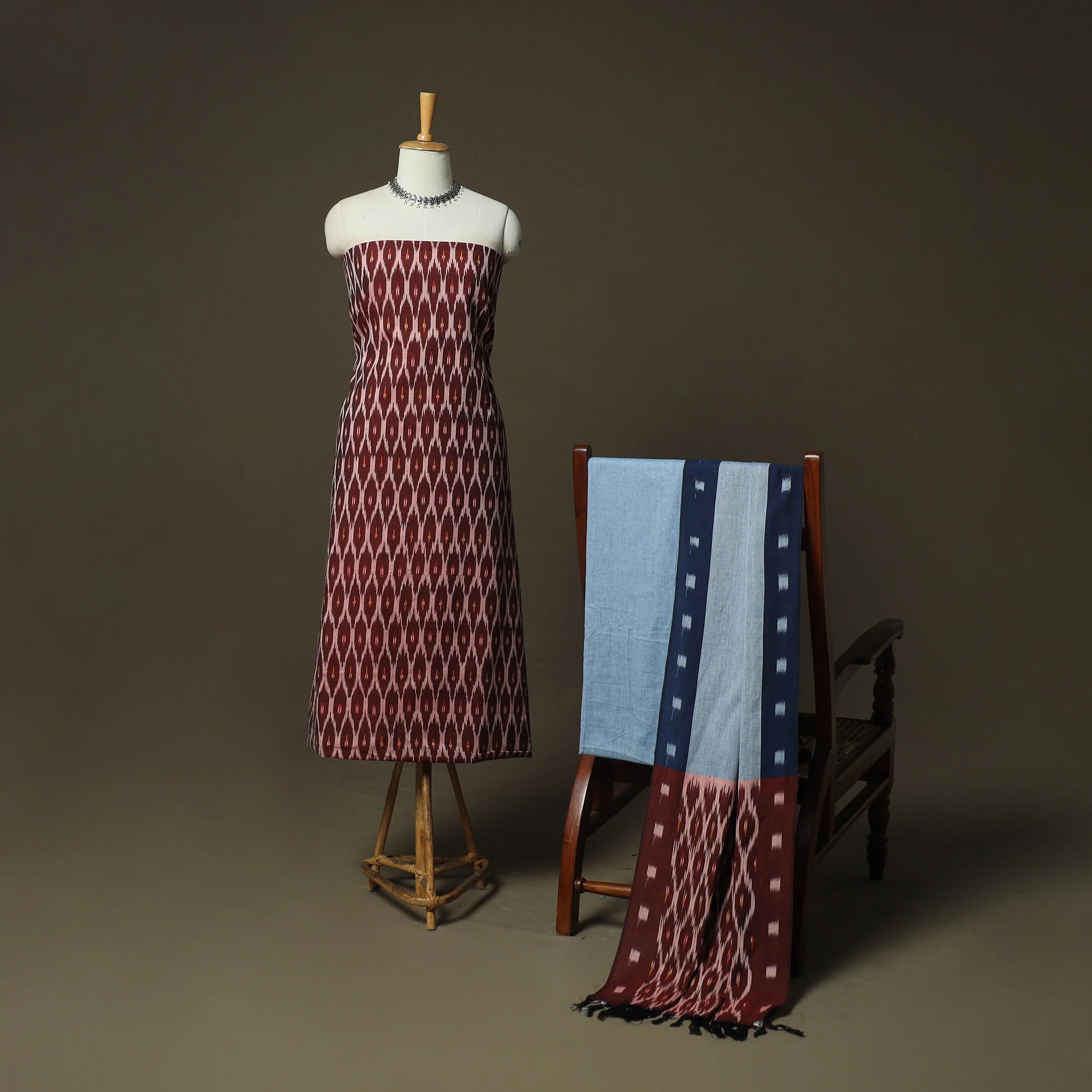 Brown - Pochampally Ikat Weave Cotton 3pc Unstitched Dress Material Suit Set 14 - Image 2