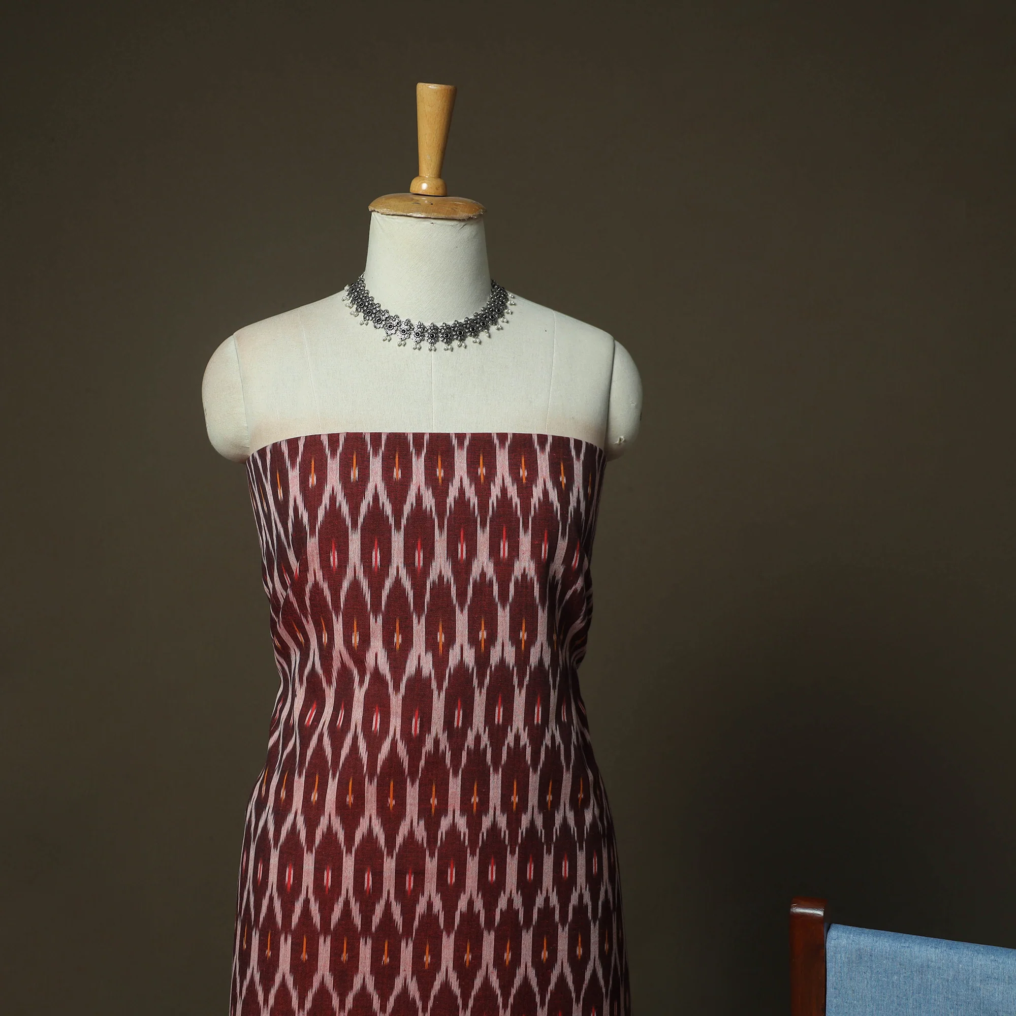 Brown - Pochampally Ikat Weave Cotton 3pc Unstitched Dress Material Suit Set 14 - Image 3