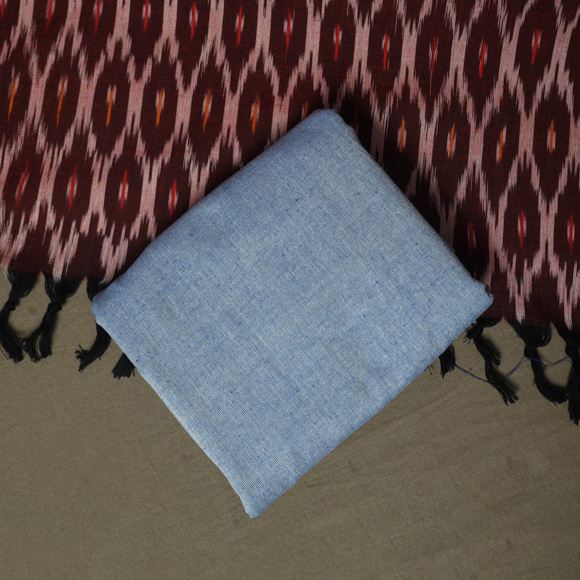 Brown - Pochampally Ikat Weave Cotton 3pc Unstitched Dress Material Suit Set 14 - Image 5