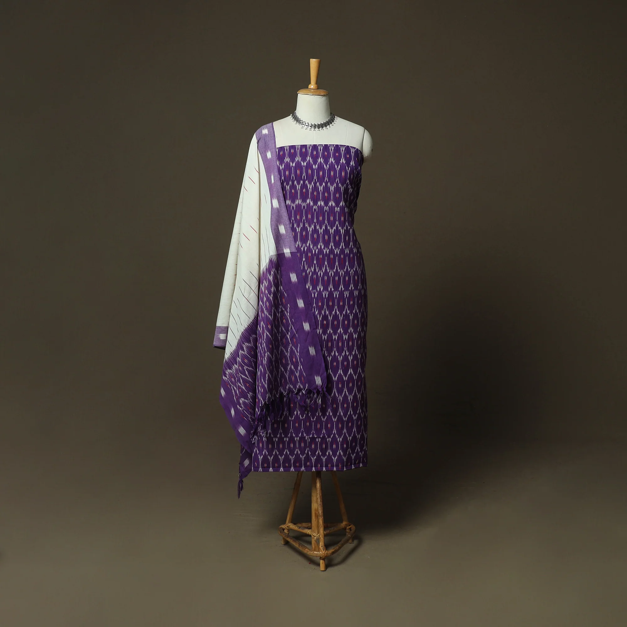 Purple - Pochampally Ikat Weave Cotton 3pc Unstitched Dress Material Suit Set 15