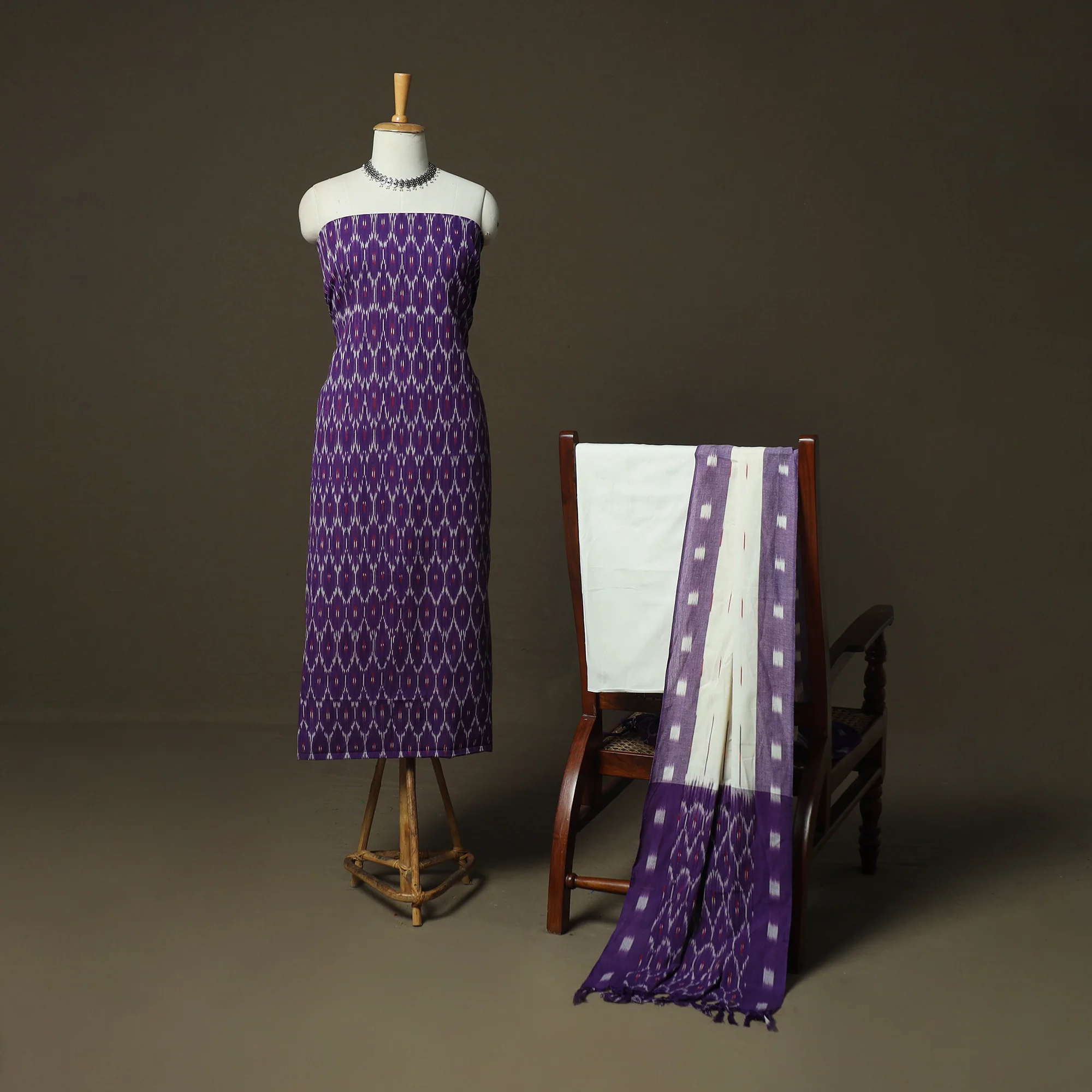 Purple - Pochampally Ikat Weave Cotton 3pc Unstitched Dress Material Suit Set 15 - Image 2