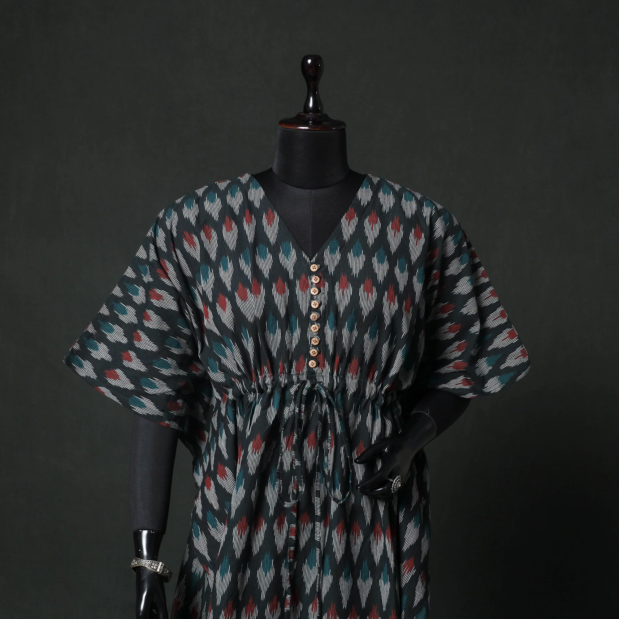 Black - Pochampally Ikat Weave Cotton Kaftan (Short) 85 - Image 2