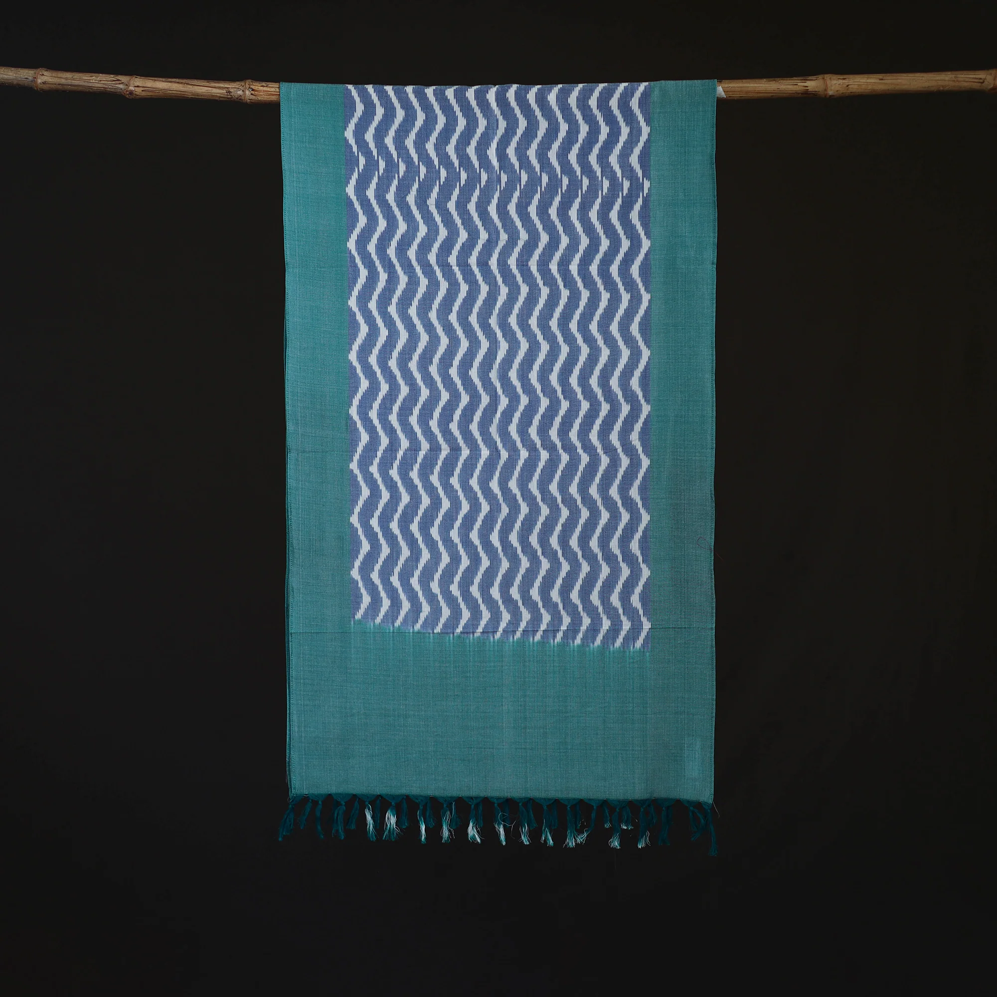 Green - Pochampally Ikat Weave Cotton Stole 19 - Image 3