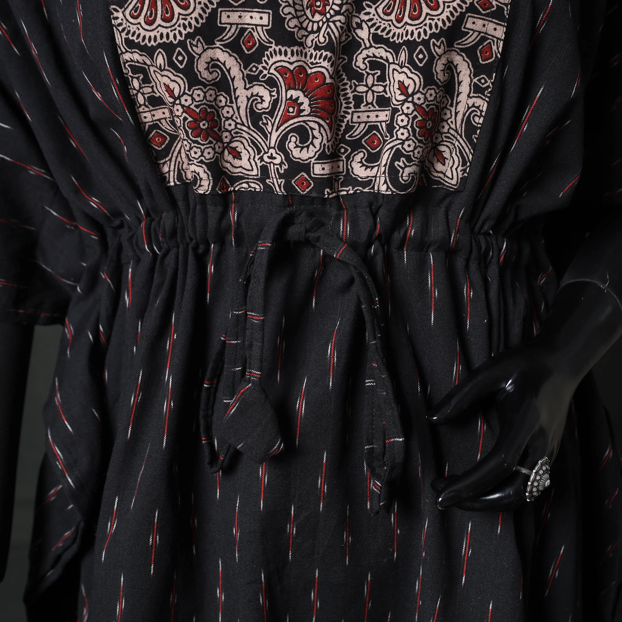 Black - Pochampally Ikat Weave Patchwork Cotton Kaftan (Short) 86 - Image 3