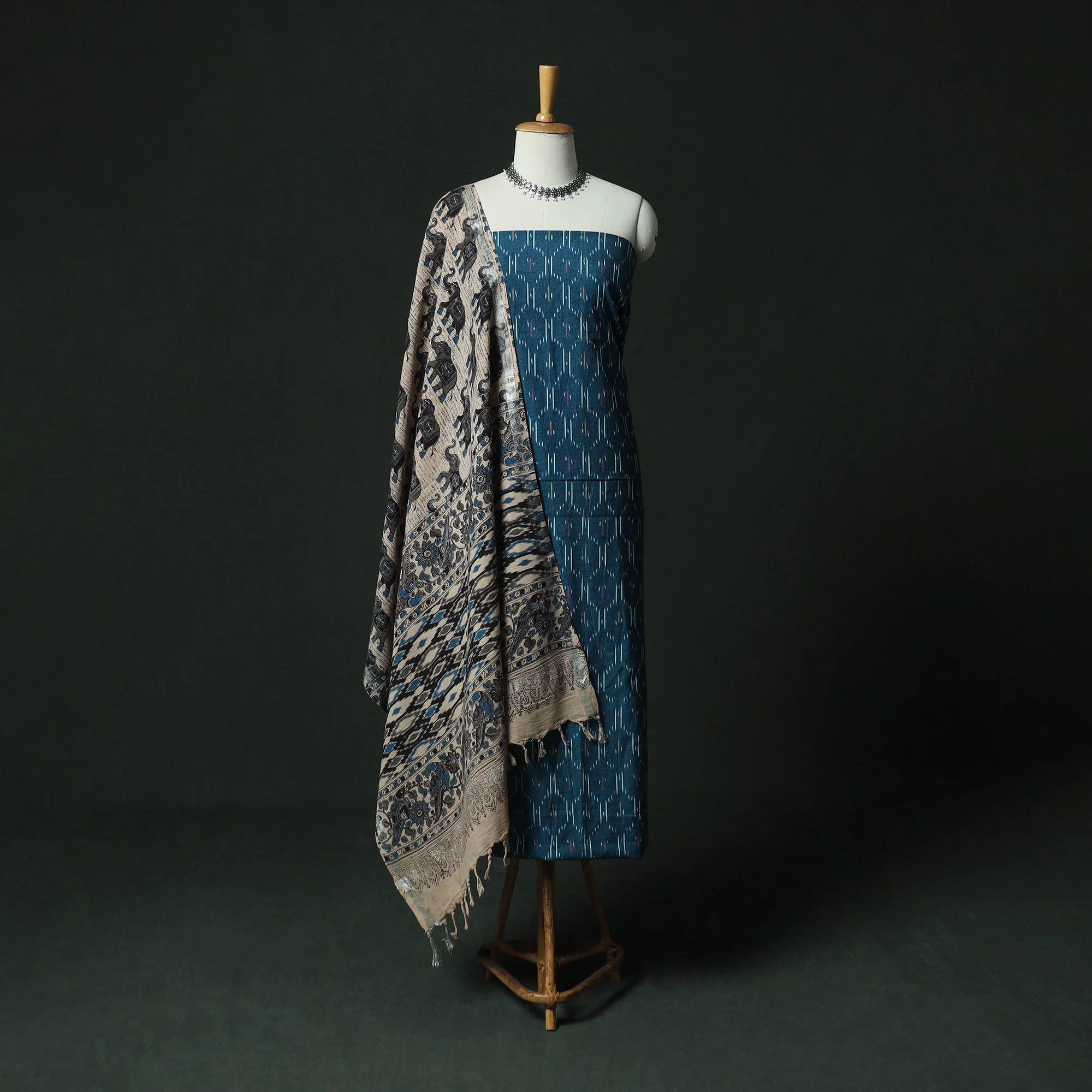 Pochampally Ikat Woven 2pc Cotton Unstitched Dress Material Kurta Set with Earrings 04