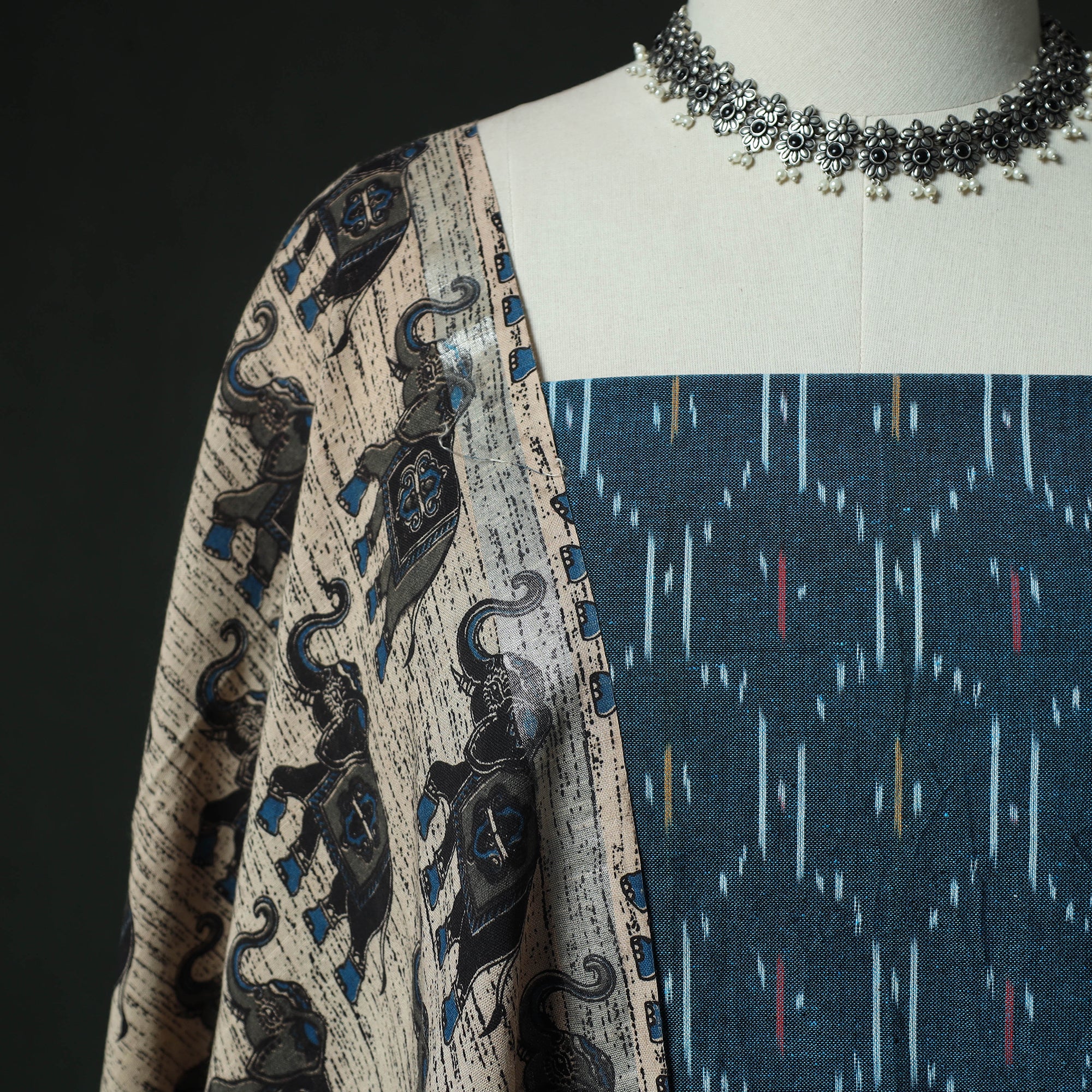 Pochampally Ikat Woven 2pc Cotton Unstitched Dress Material Kurta Set with Earrings 04 - Image 3