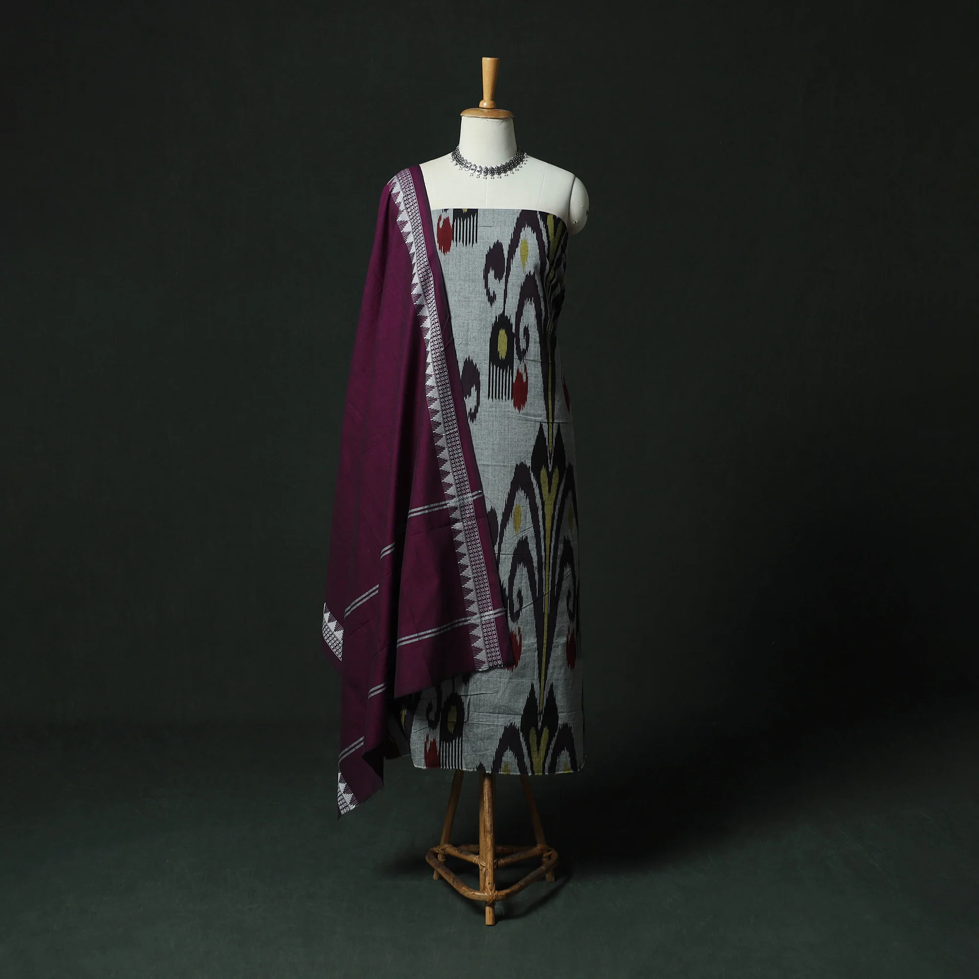 Pochampally Ikat Woven 2pc Cotton Unstitched Dress Material Kurta Set with Earrings 05