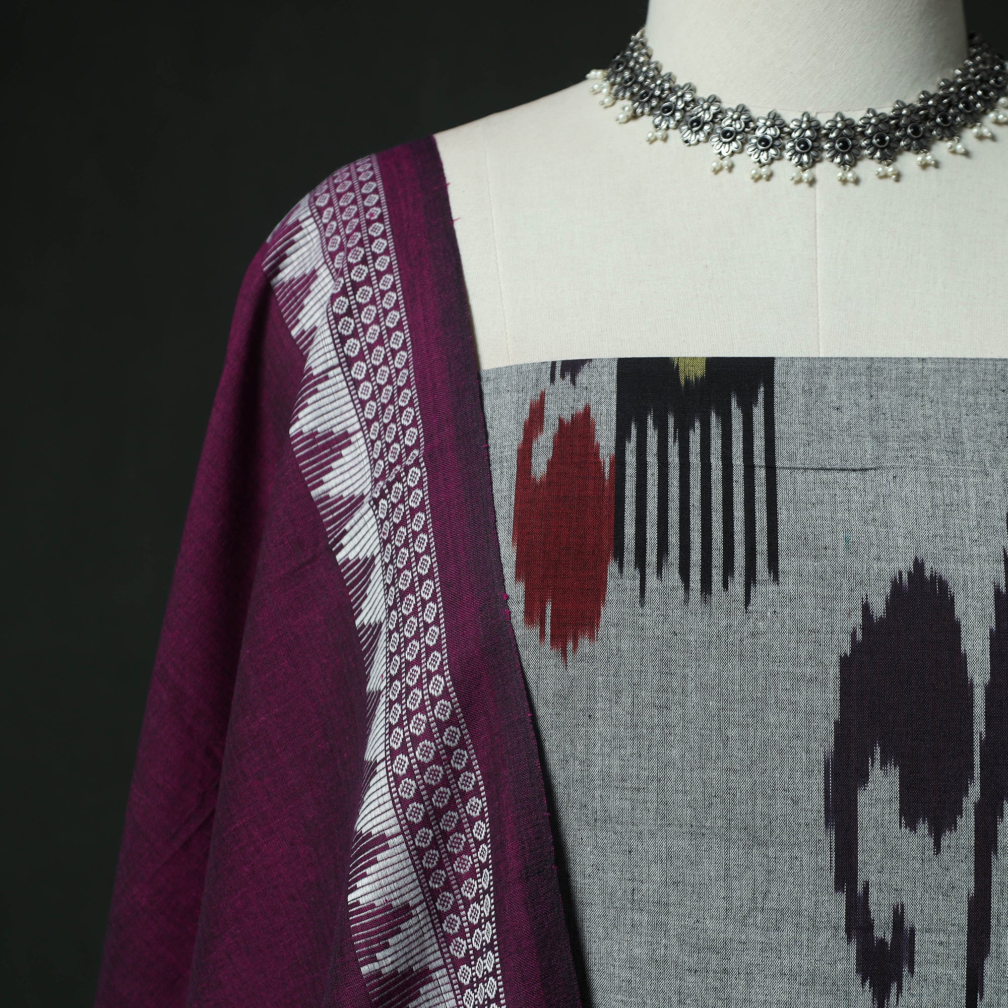 Pochampally Ikat Woven 2pc Cotton Unstitched Dress Material Kurta Set with Earrings 05 - Image 3