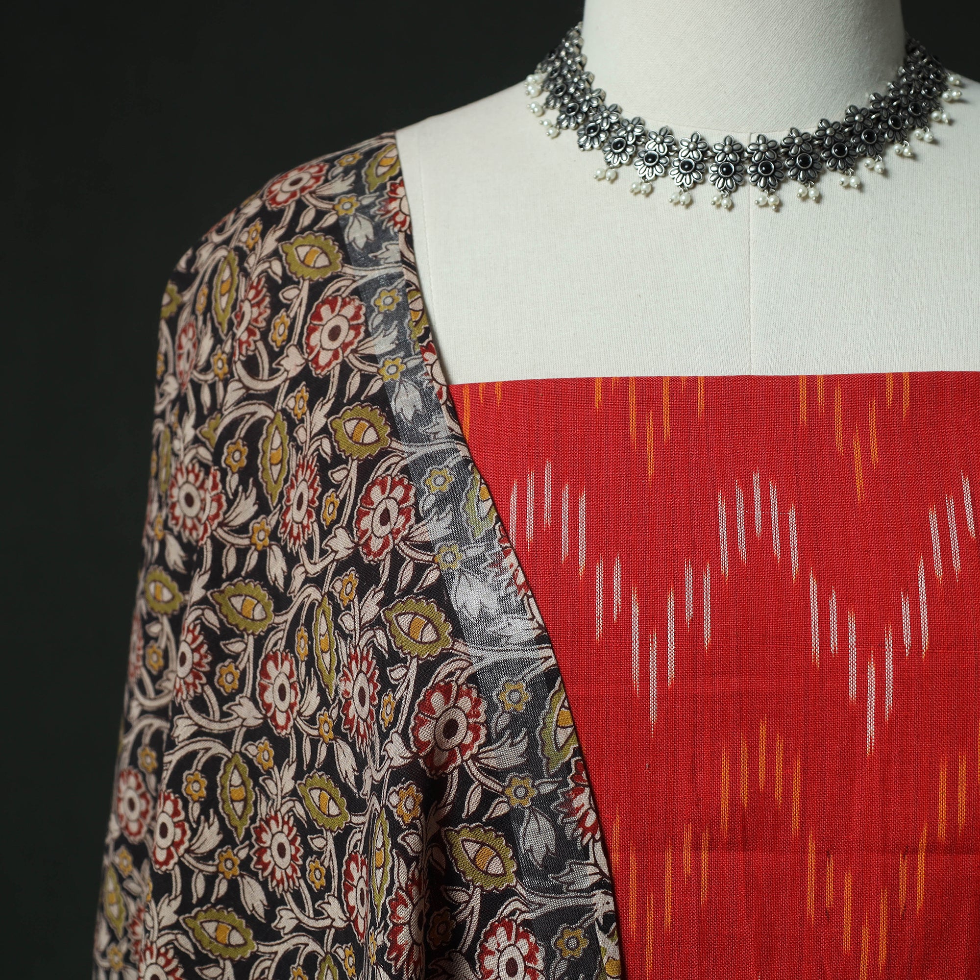 Pochampally Ikat Woven 2pc Cotton Unstitched Dress Material Kurta Set with Earrings 03 - Image 3