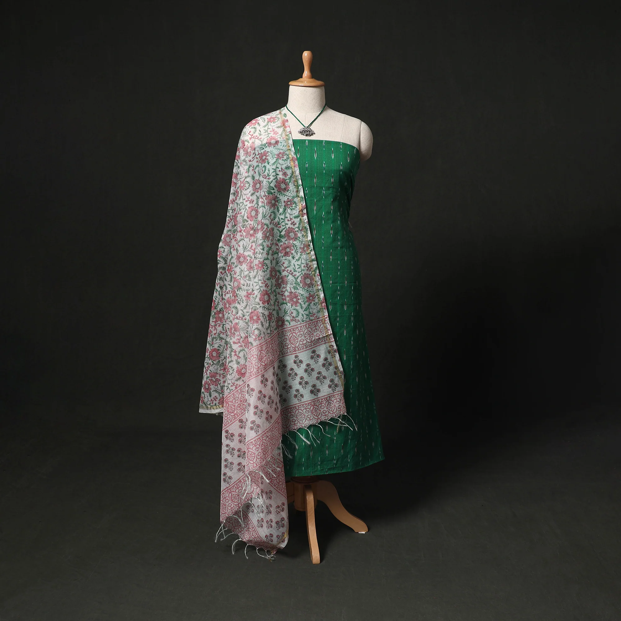 Pochampally Ikat Woven 2pc Cotton Unstitched Dress Material Kurta Set with Jewellery 06