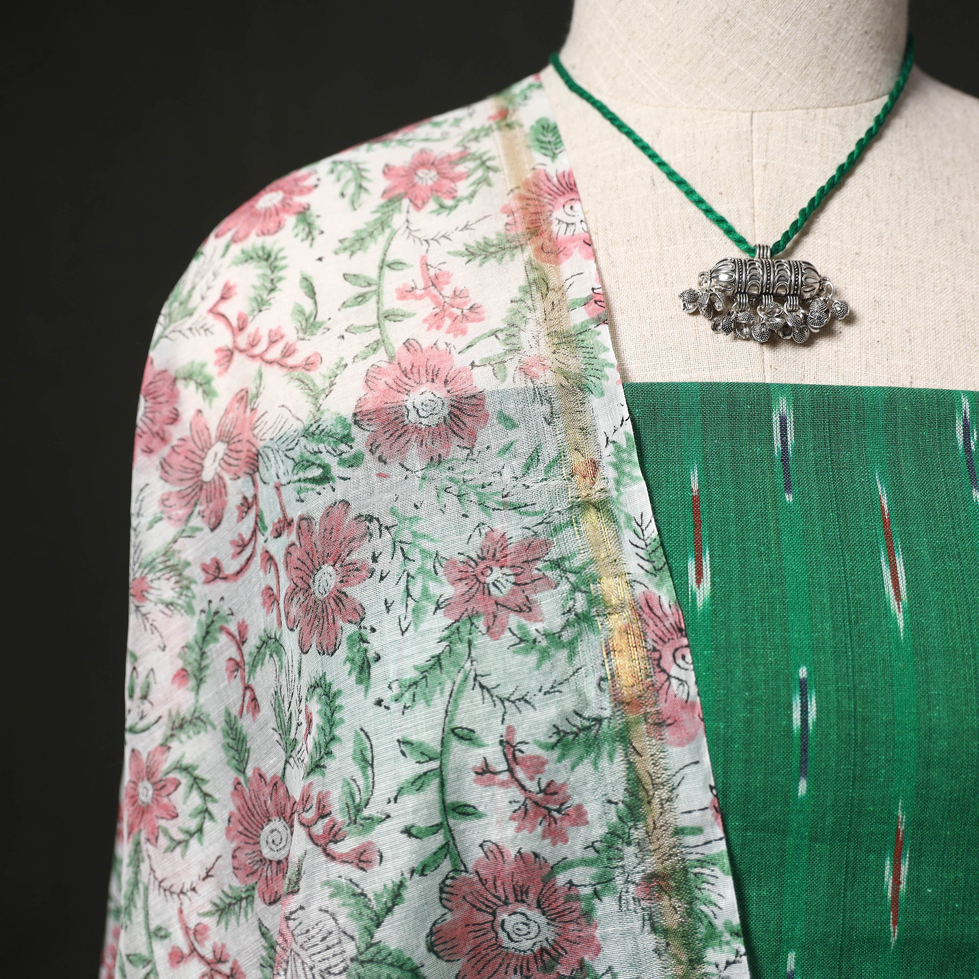Pochampally Ikat Woven 2pc Cotton Unstitched Dress Material Kurta Set with Jewellery 06 - Image 3