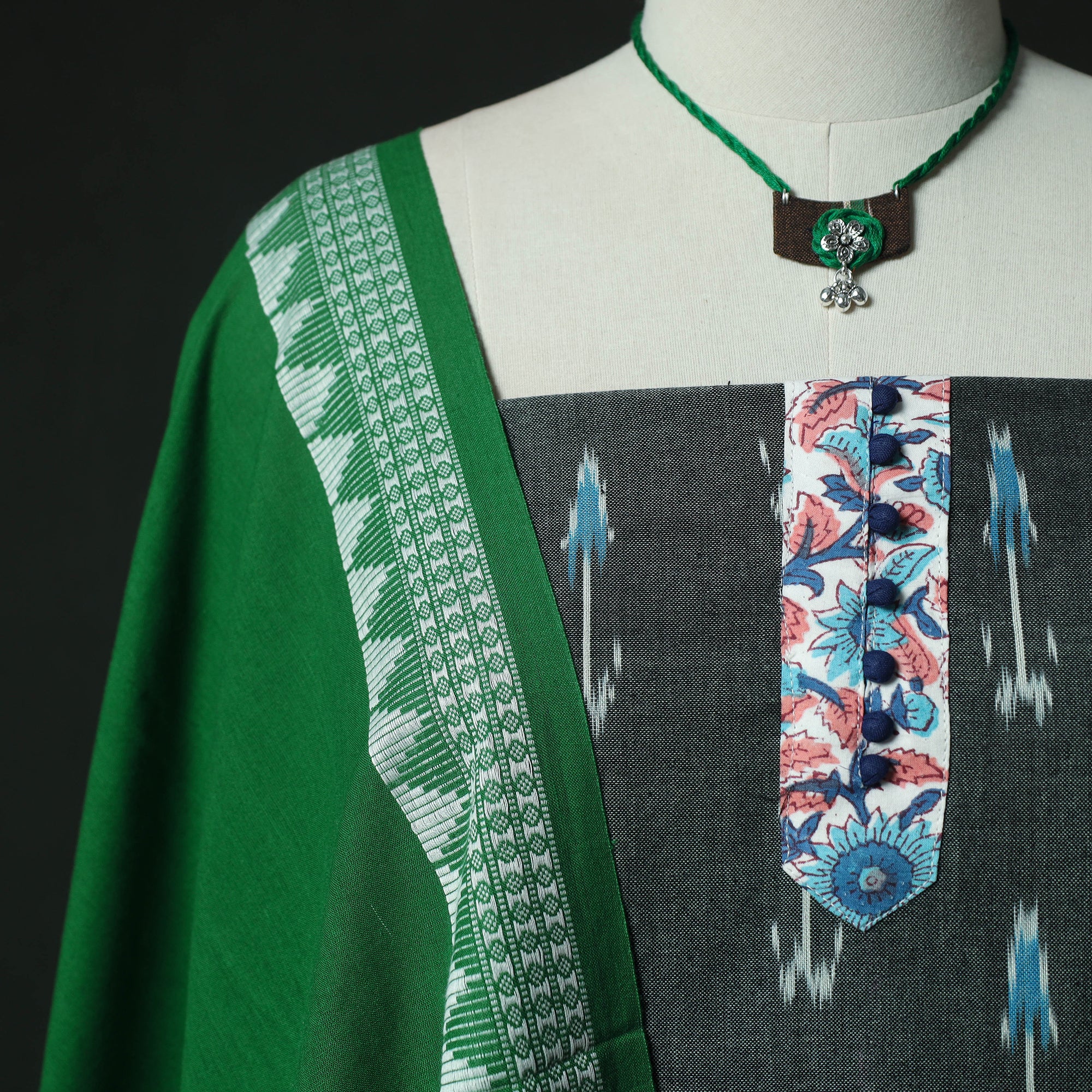 Pochampally Ikat Woven 2pc Cotton Unstitched Dress Material Kurta Set with Jewellery 06 - Image 3