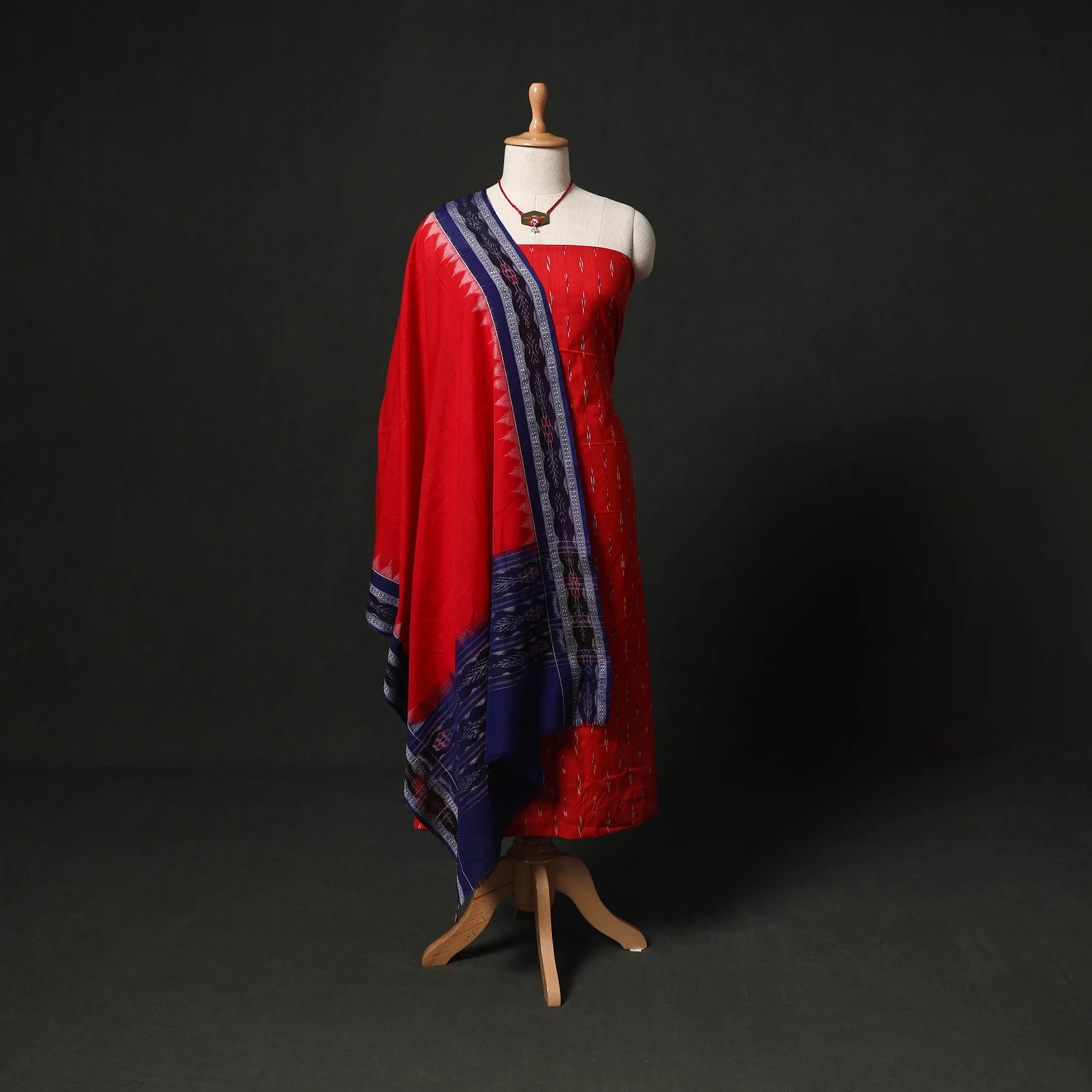 Pochampally Ikat Woven 2pc Cotton Unstitched Dress Material Kurta Set with Jewellery 07