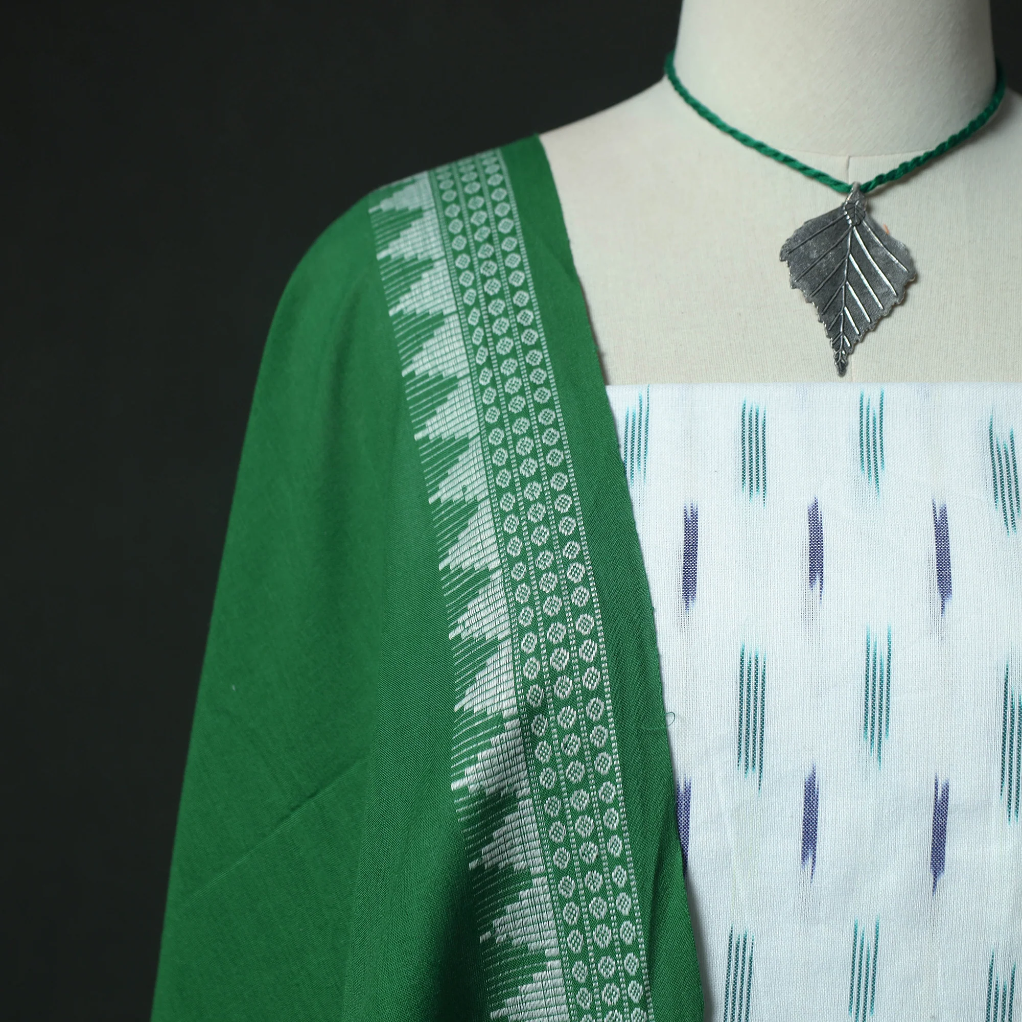 Pochampally Ikat Woven 2pc Cotton Unstitched Dress Material Kurta Set with Jewellery 07 - Image 3