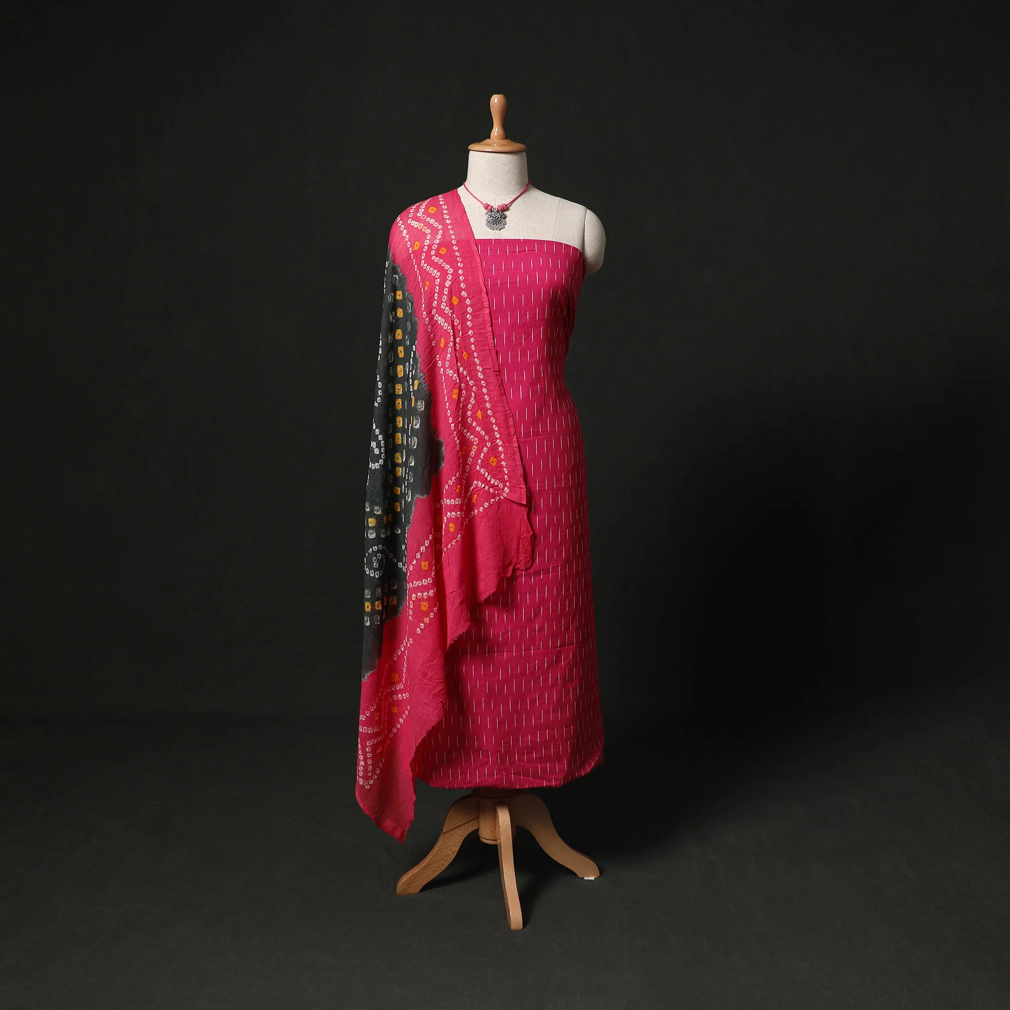 Pochampally Ikat Woven 2pc Cotton Unstitched Dress Material Kurta Set with Jewellery 08