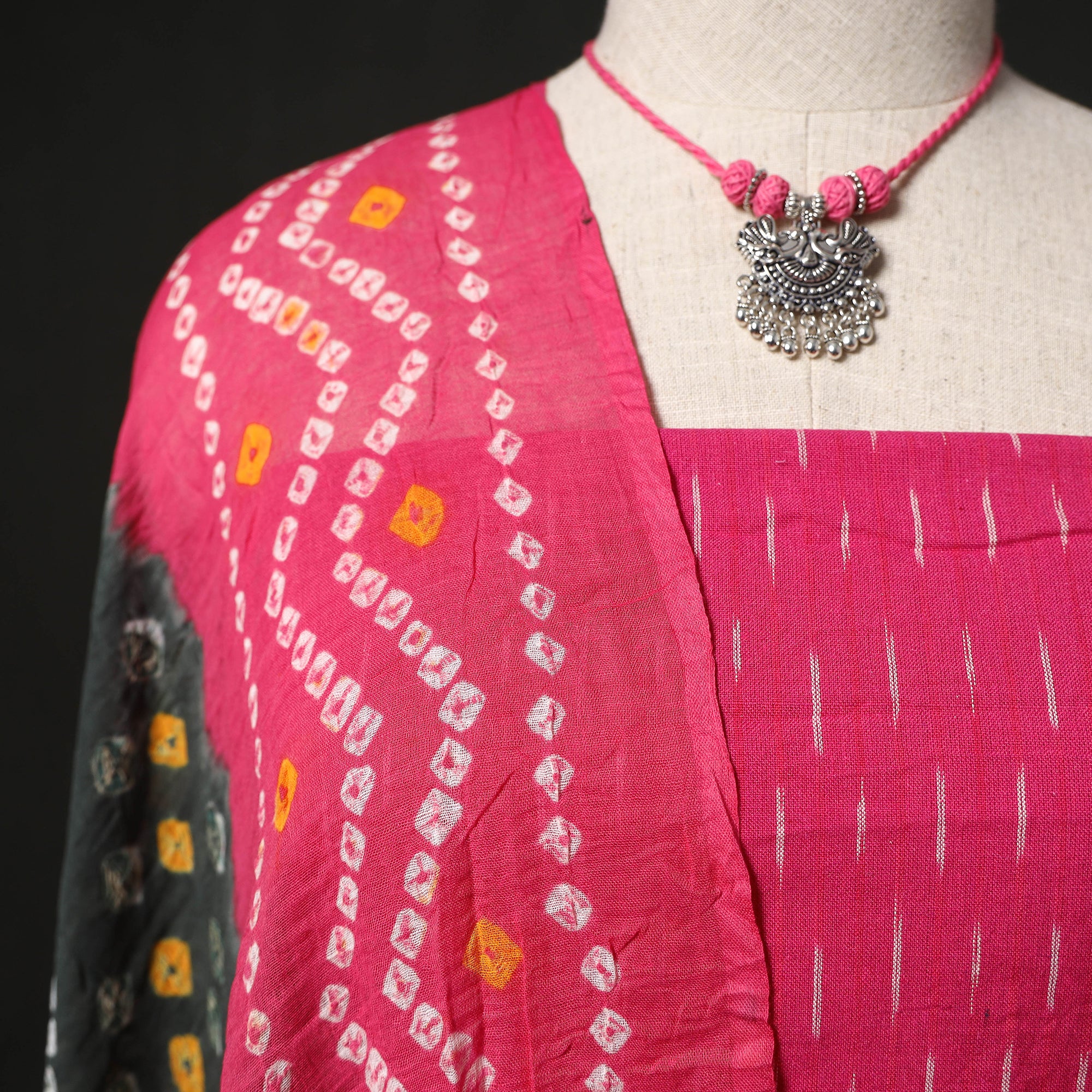 Pochampally Ikat Woven 2pc Cotton Unstitched Dress Material Kurta Set with Jewellery 08 - Image 3