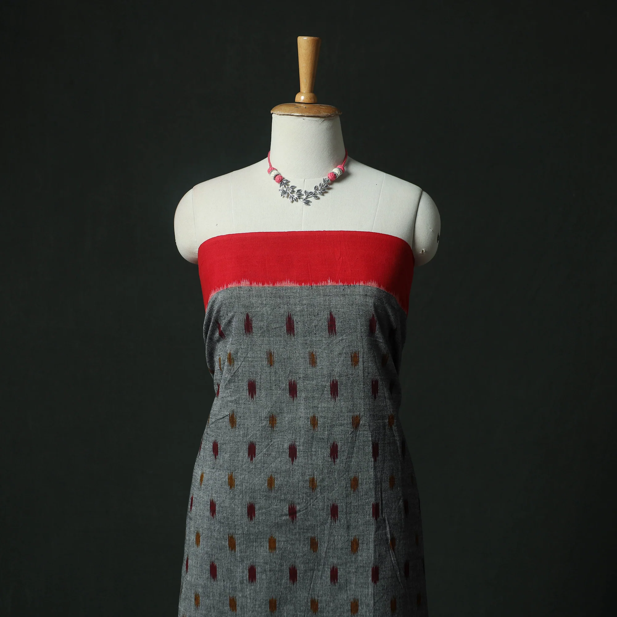 Pochampally Ikat Woven 2pc Cotton Unstitched Dress Material Kurta Set with Jewellery 08 - Image 2