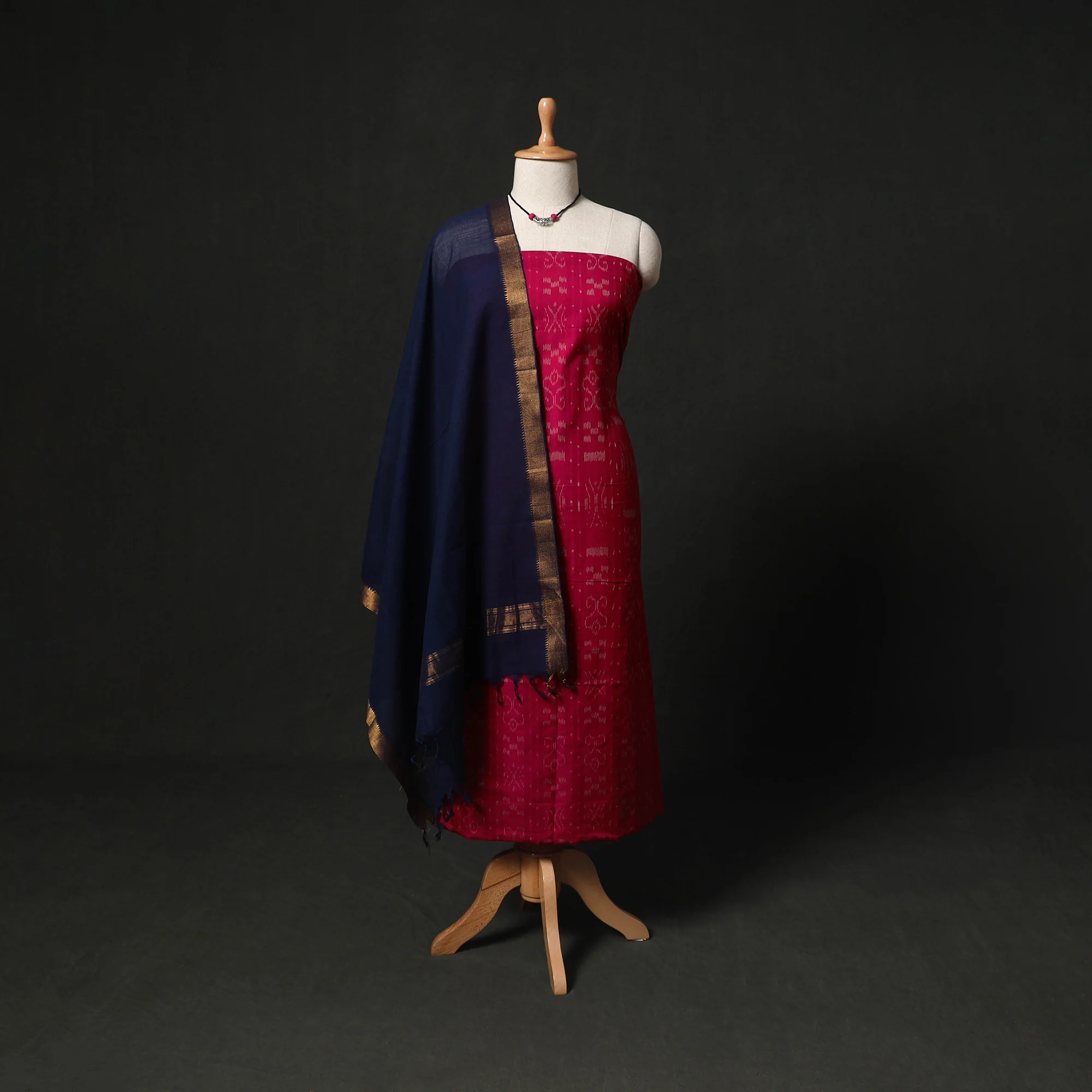 Pochampally Ikat Woven 2pc Cotton Unstitched Dress Material Kurta Set with Jewellery 09