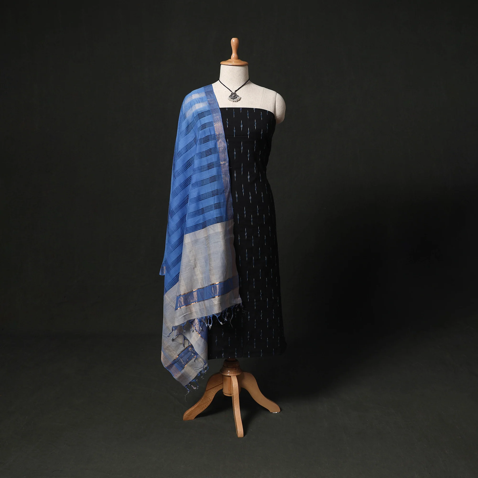 Pochampally Ikat Woven 2pc Cotton Unstitched Dress Material Kurta Set with Jewellery 11