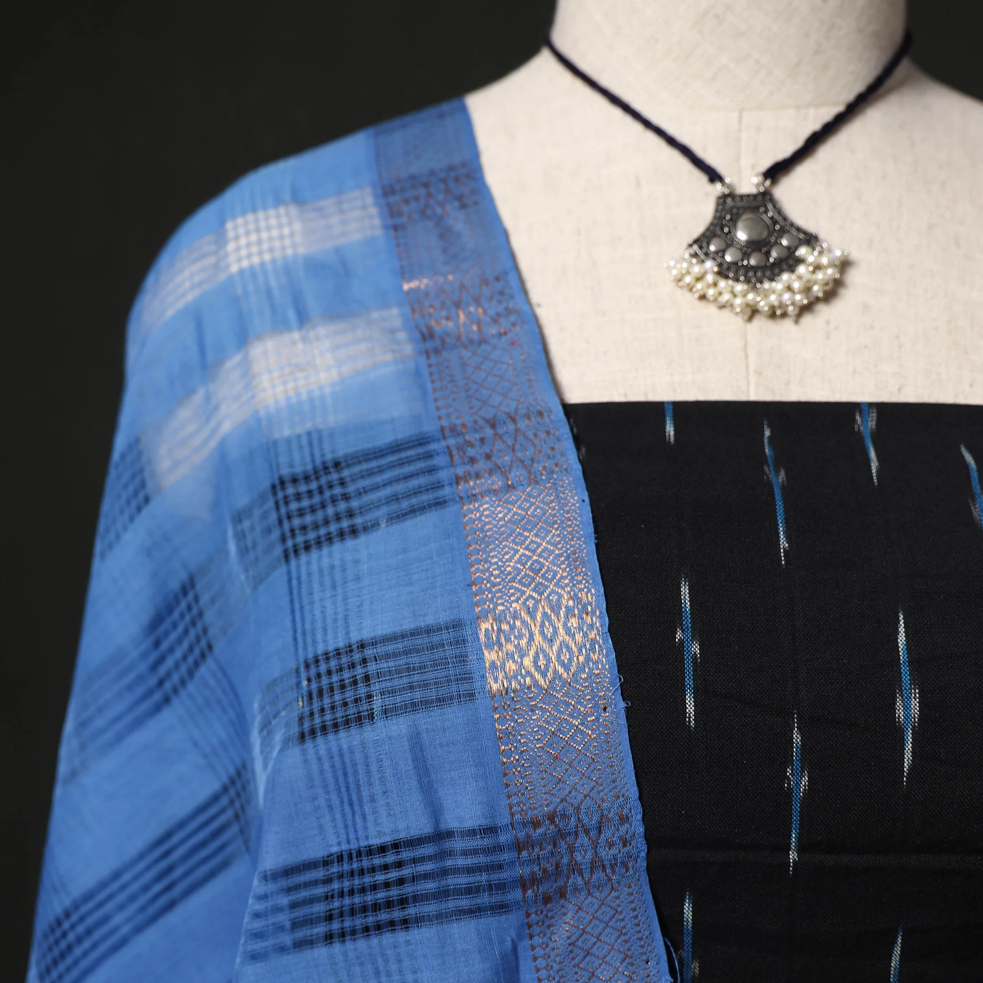 Pochampally Ikat Woven 2pc Cotton Unstitched Dress Material Kurta Set with Jewellery 11 - Image 3