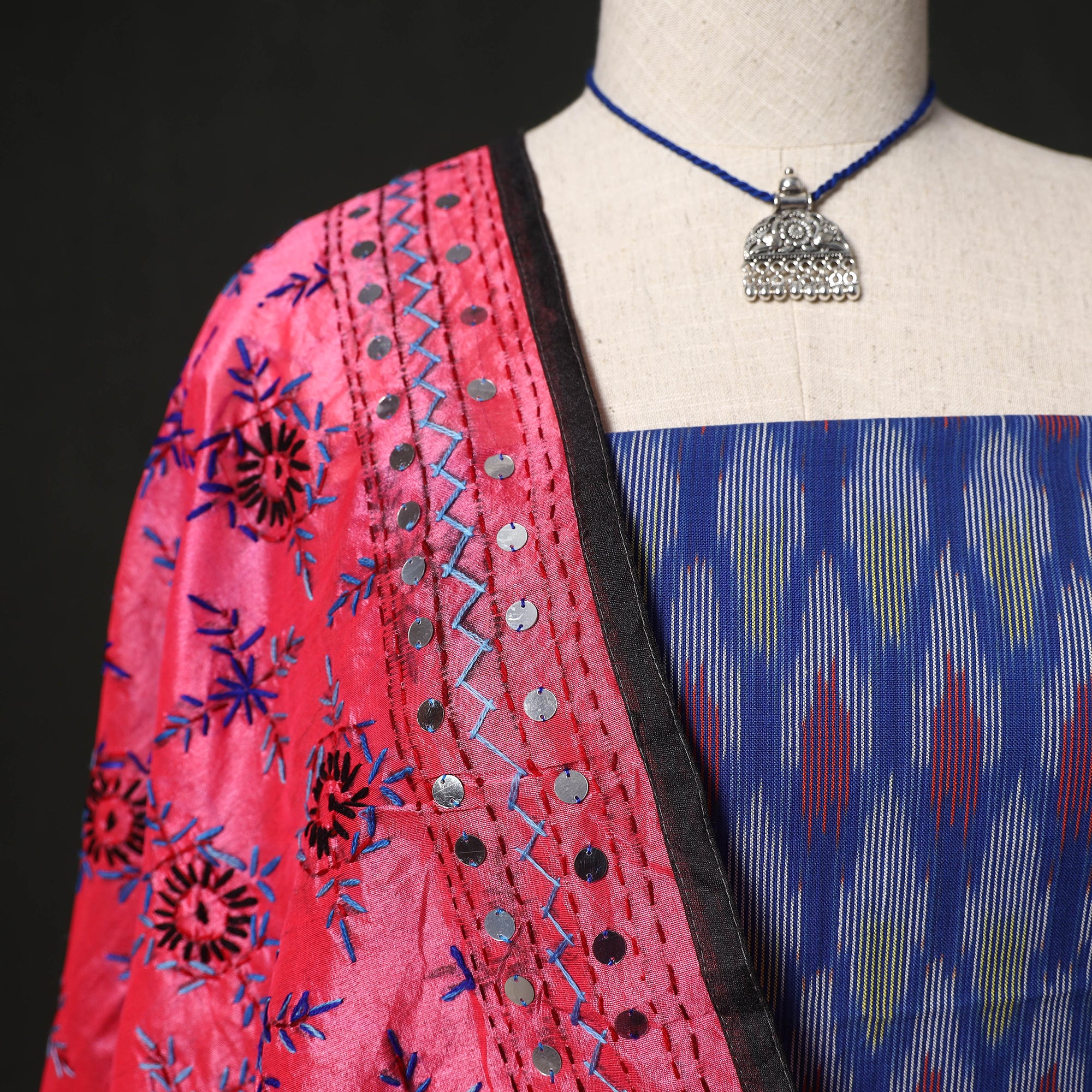 Pochampally Ikat Woven 2pc Cotton Unstitched Dress Material Kurta Set with Jewellery 12 - Image 3