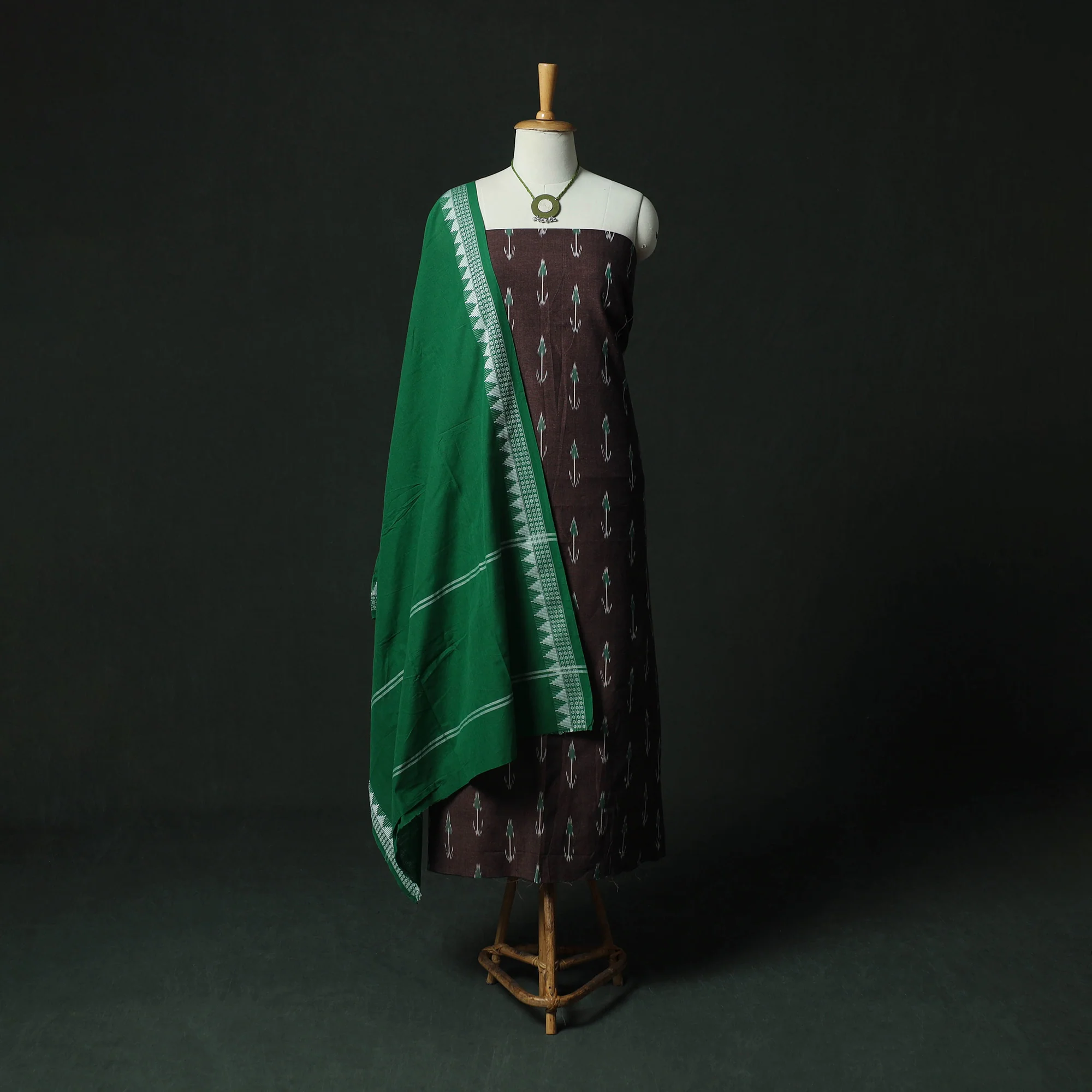 Pochampally Ikat Woven 2pc Cotton Unstitched Dress Material Kurta Set with Jewellery 13