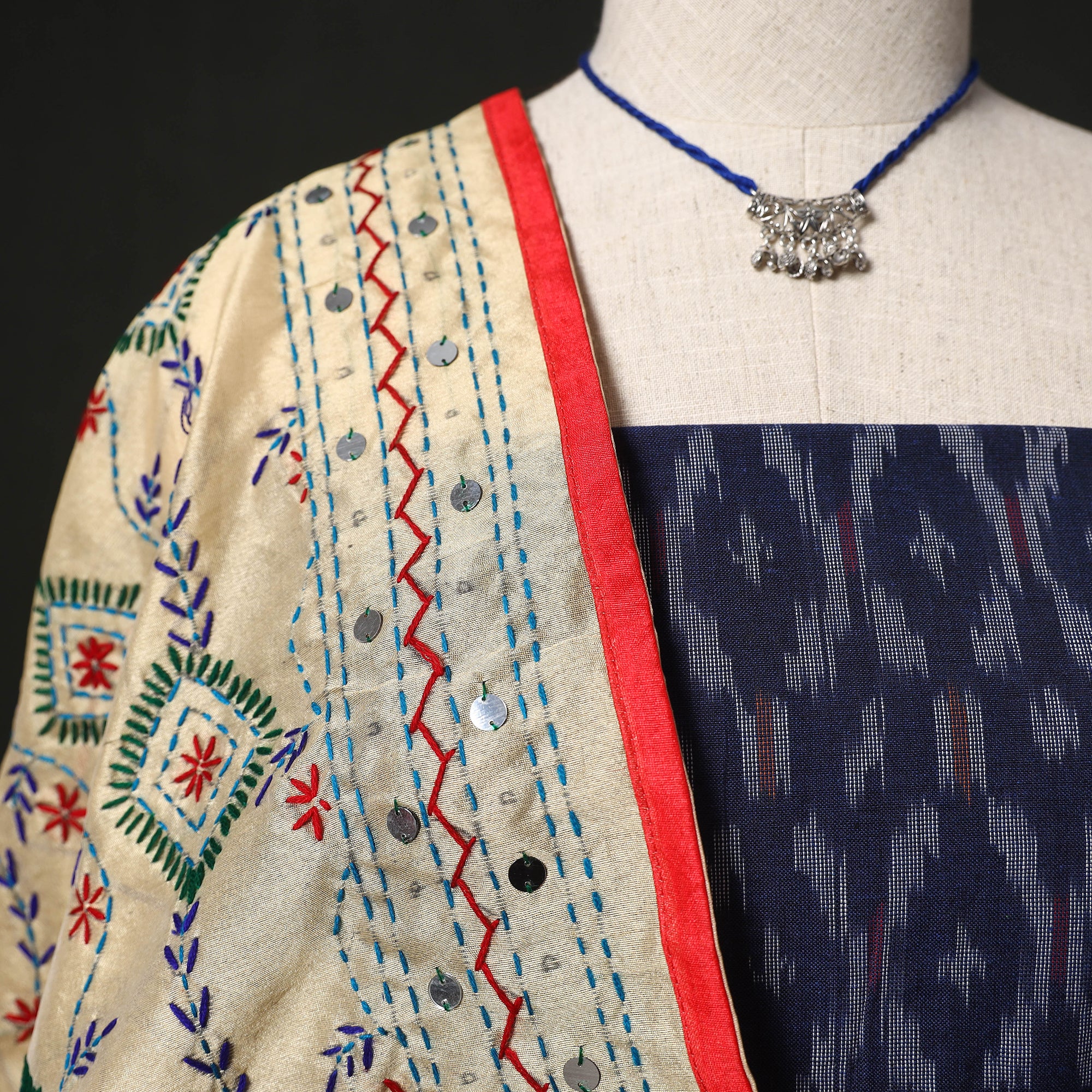 Pochampally Ikat Woven 2pc Cotton Unstitched Dress Material Kurta Set with Jewellery 15 - Image 3