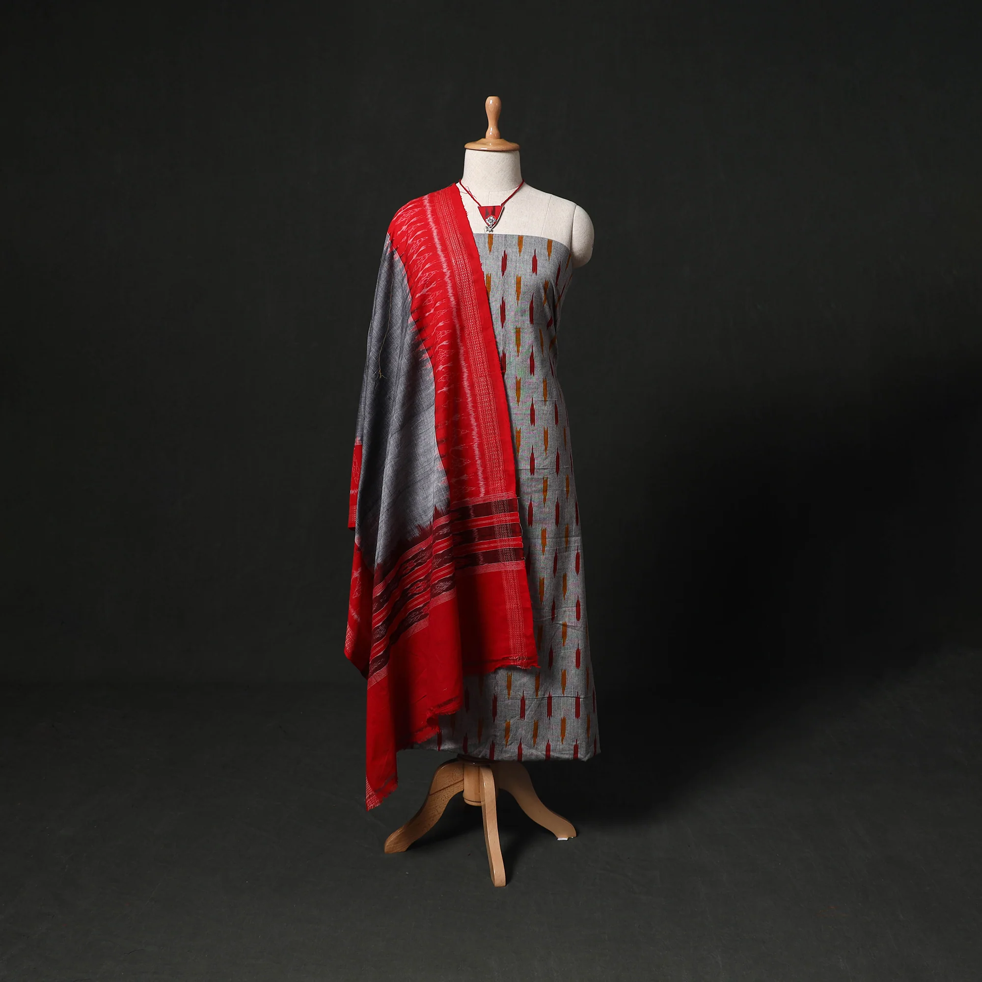 Pochampally Ikat Woven 2pc Cotton Unstitched Dress Material Kurta Set with Jewellery 19