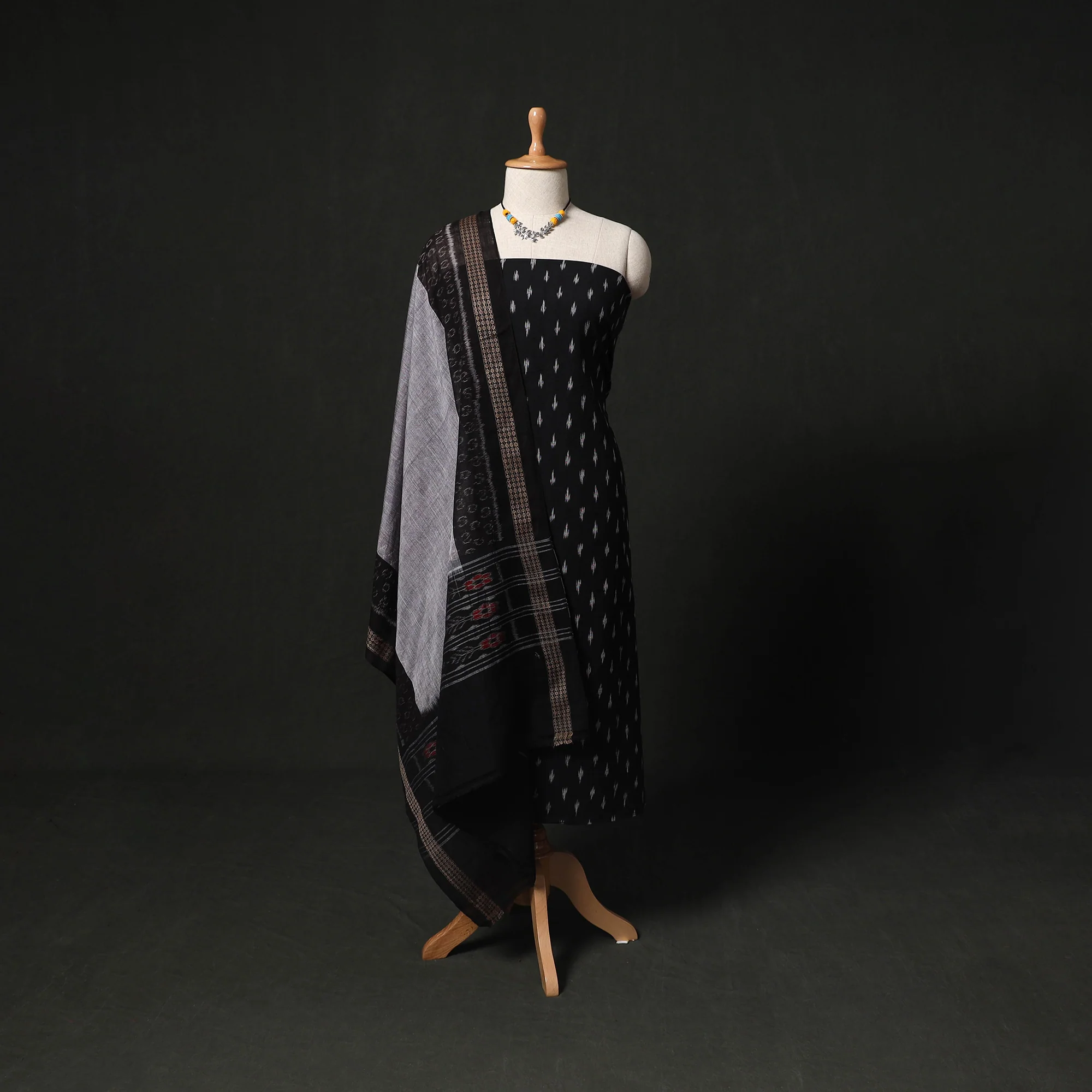 Pochampally Ikat Woven 2pc Cotton Unstitched Dress Material Kurta Set with Jewellery 22
