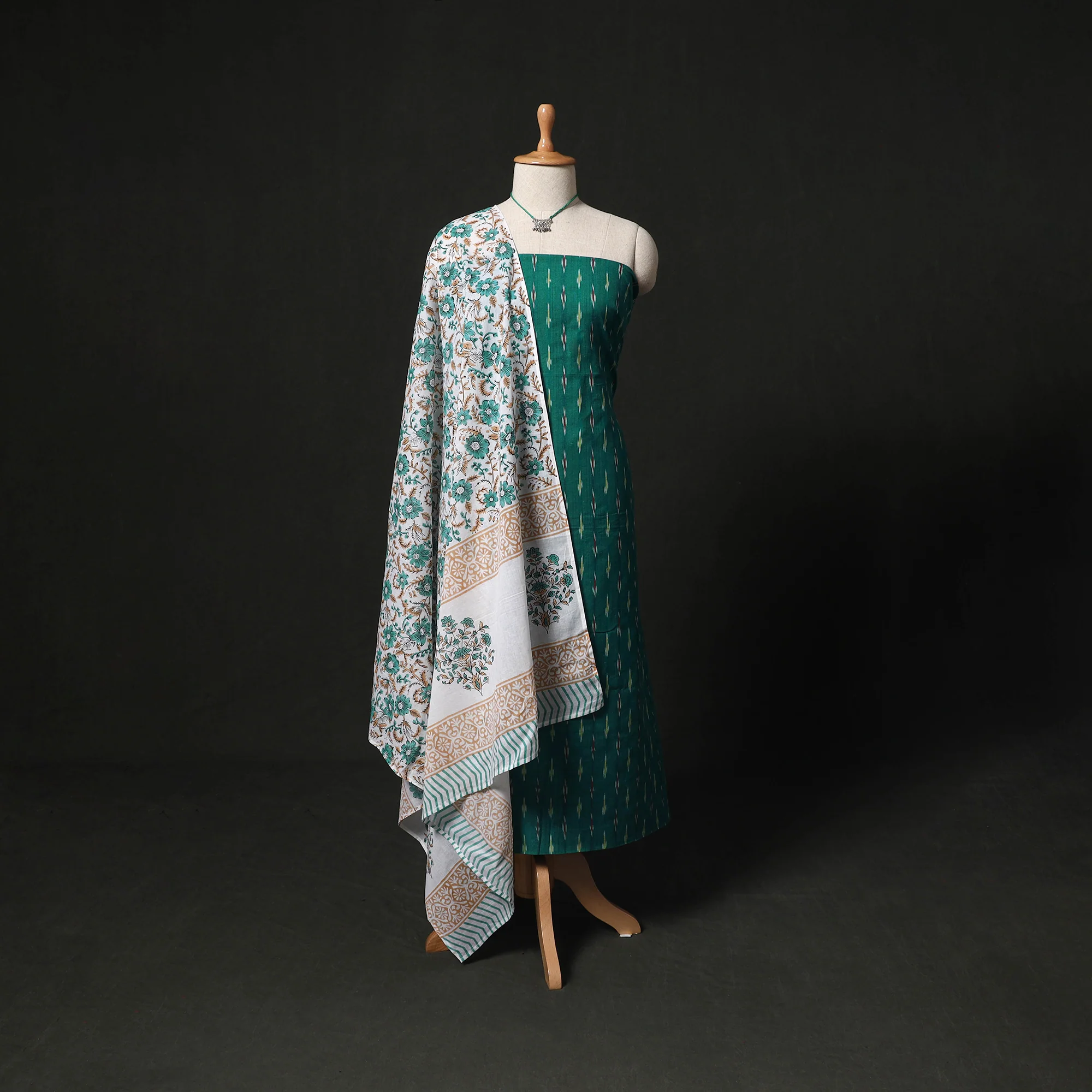 Pochampally Ikat Woven 2pc Cotton Unstitched Dress Material Kurta Set with Jewellery 23