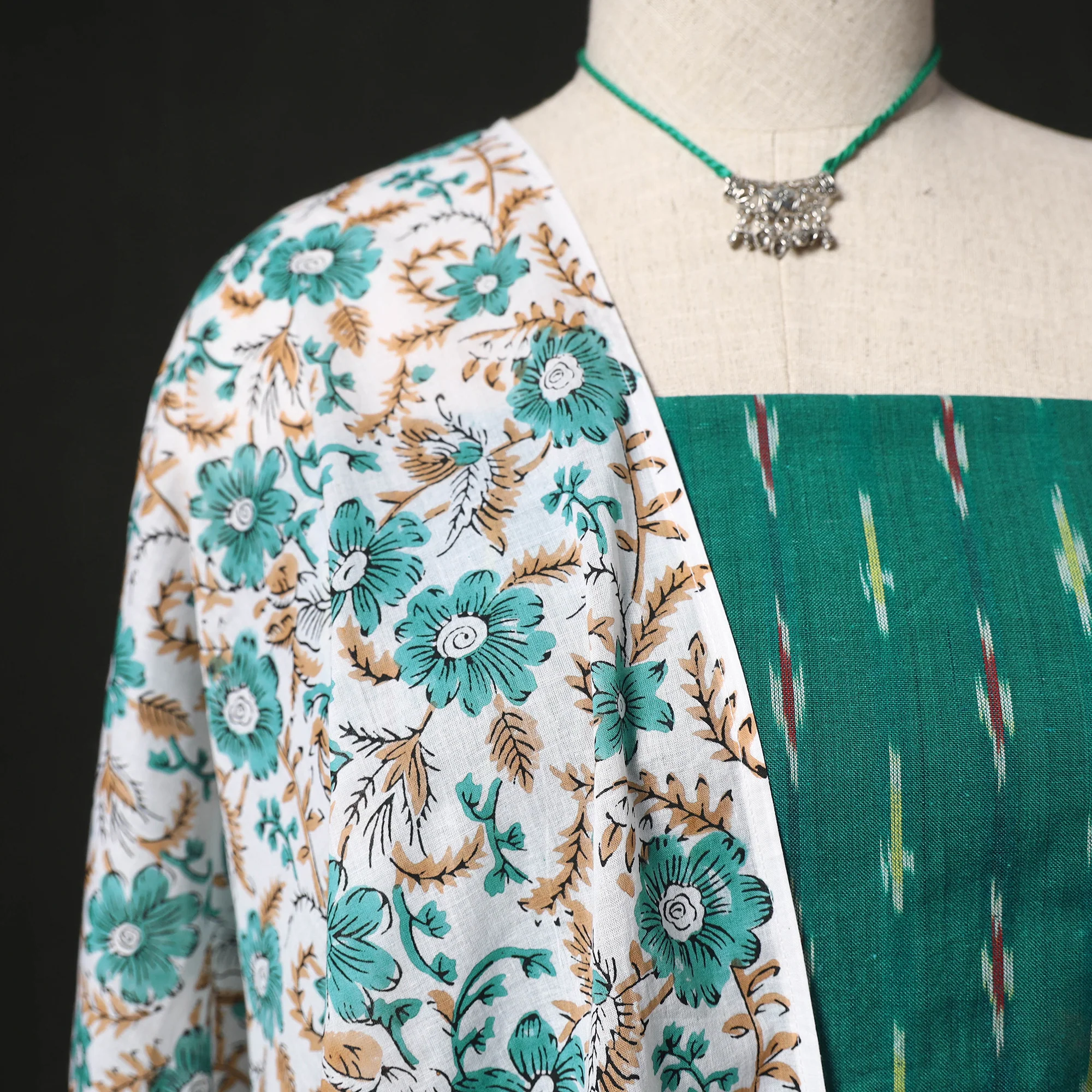 Pochampally Ikat Woven 2pc Cotton Unstitched Dress Material Kurta Set with Jewellery 23 - Image 3