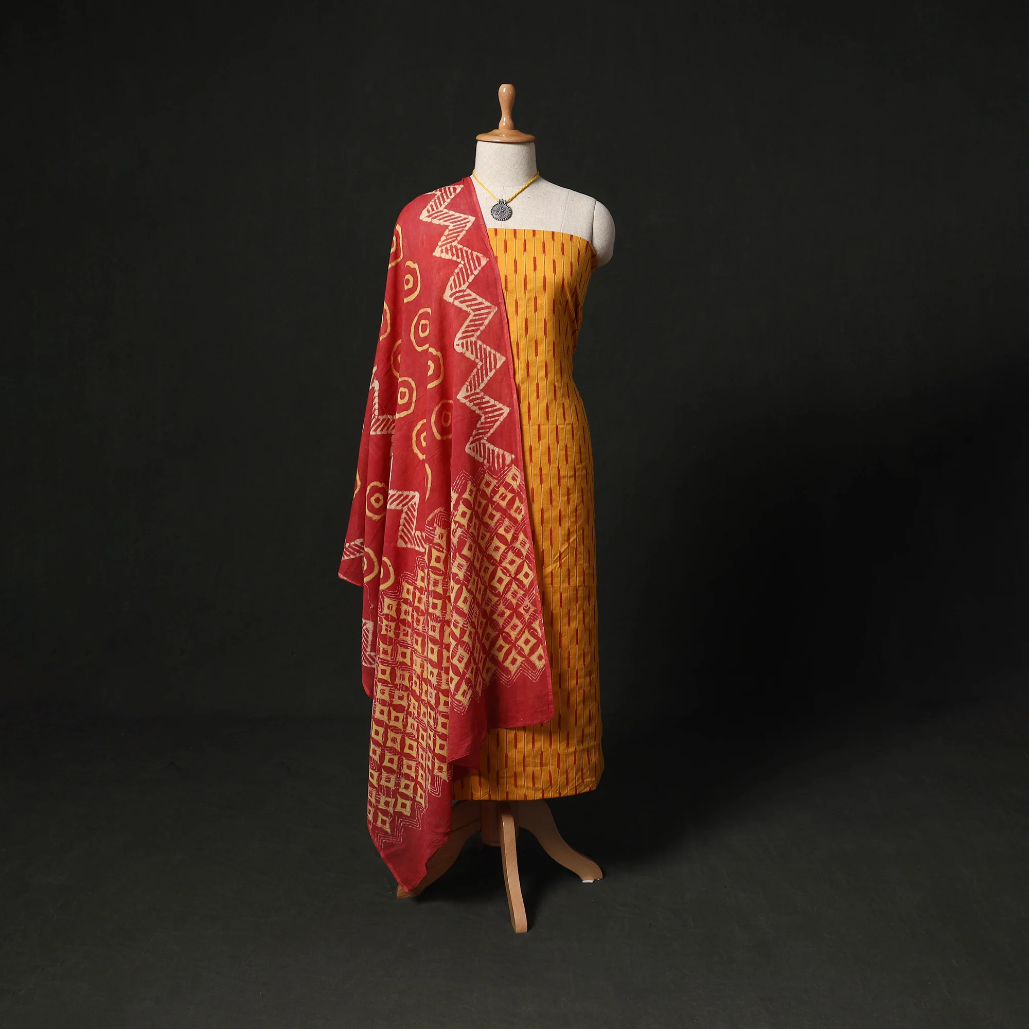 Pochampally Ikat Woven 2pc Cotton Unstitched Dress Material Kurta Set with Jewellery 24
