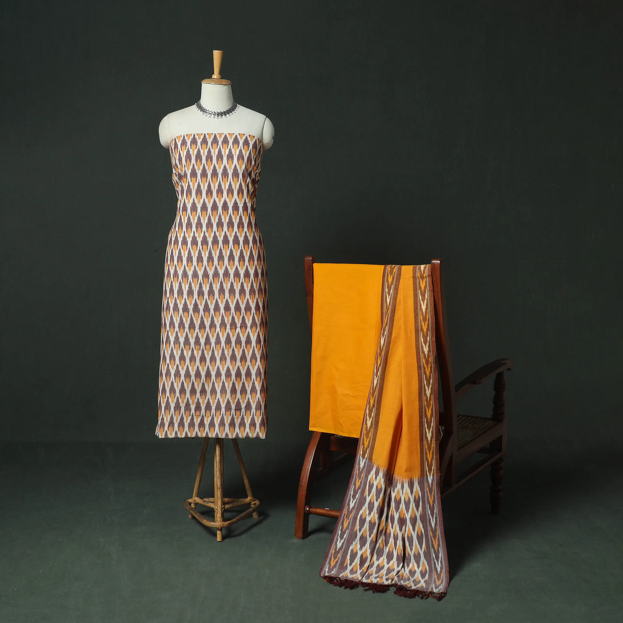 Pochampally Ikat Woven Cotton 3pc Unstitched Dress Material Suit Set 03 - Image 2