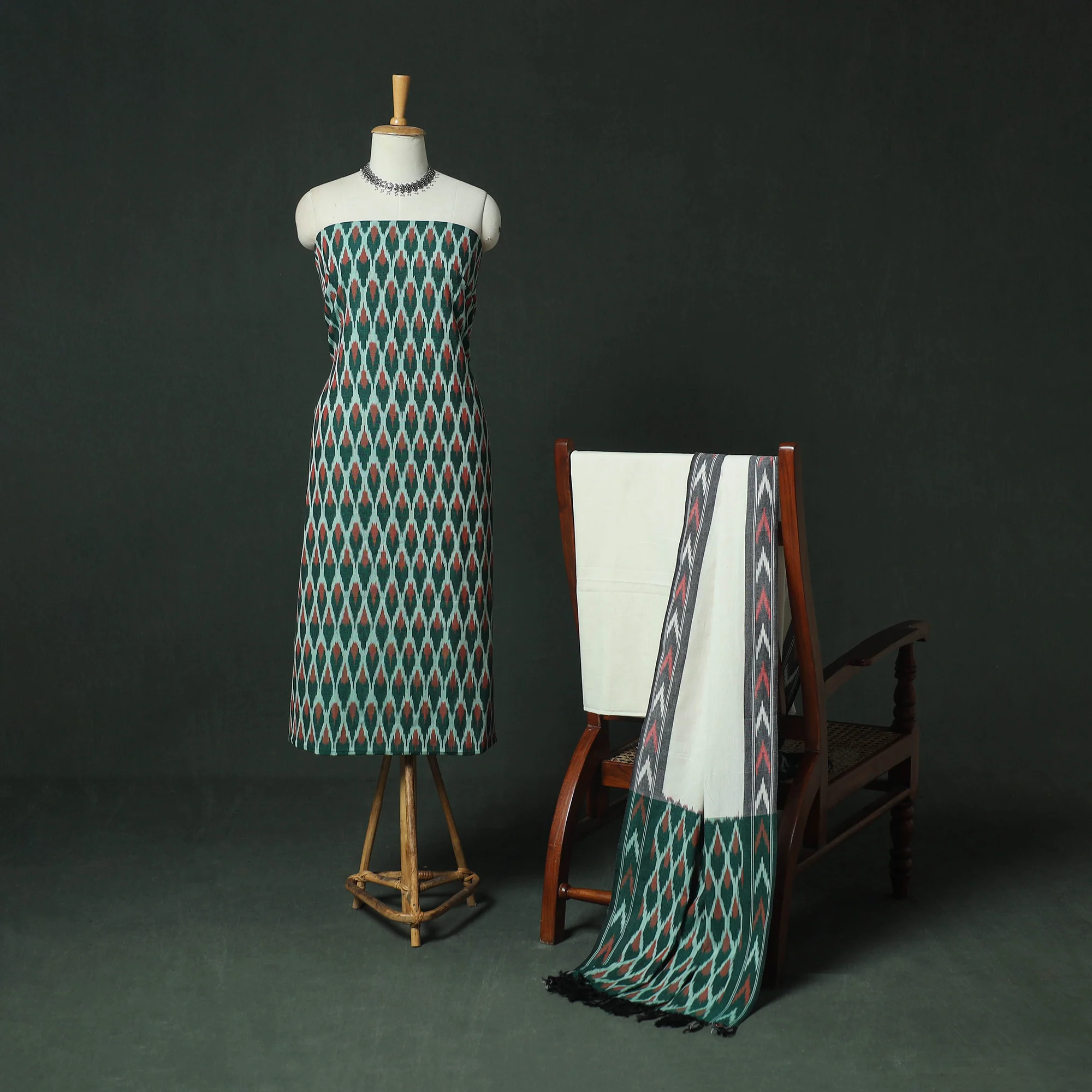 Pochampally Ikat Woven Cotton 3pc Unstitched Dress Material Suit Set 15 - Image 2