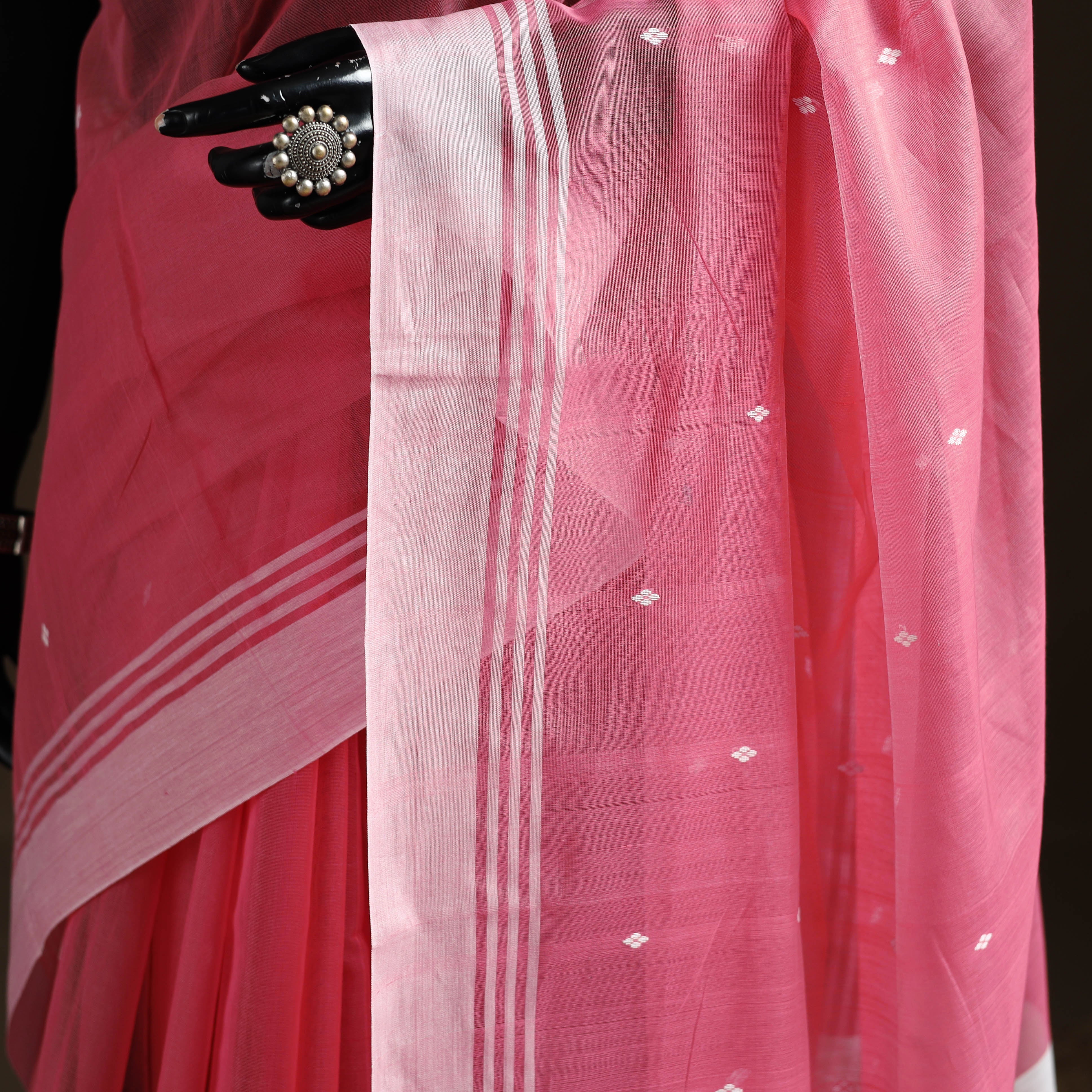 Pink - Pure Handloom Cotton Thread Buti Chanderi Saree 03 - Image 3