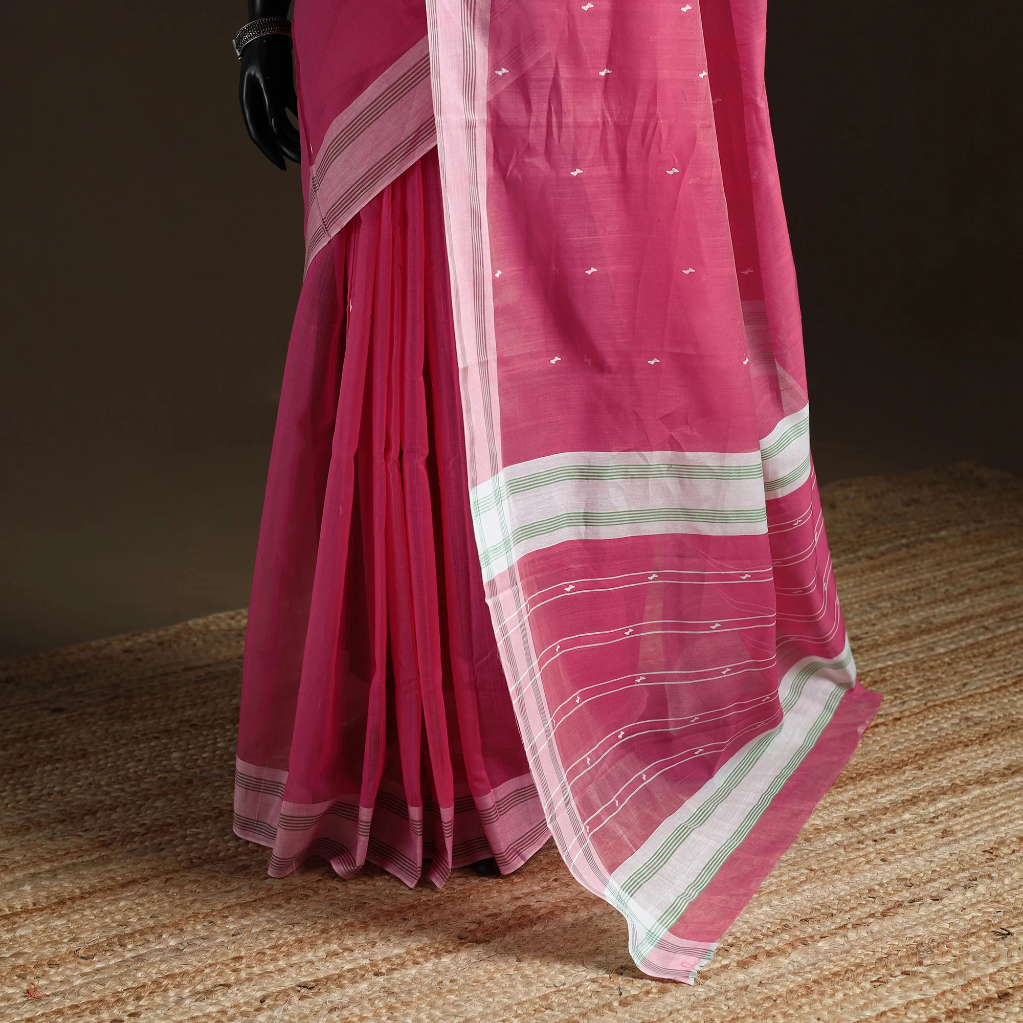 Pink - Pure Handloom Cotton Thread Buti Chanderi Saree 06 - Image 4