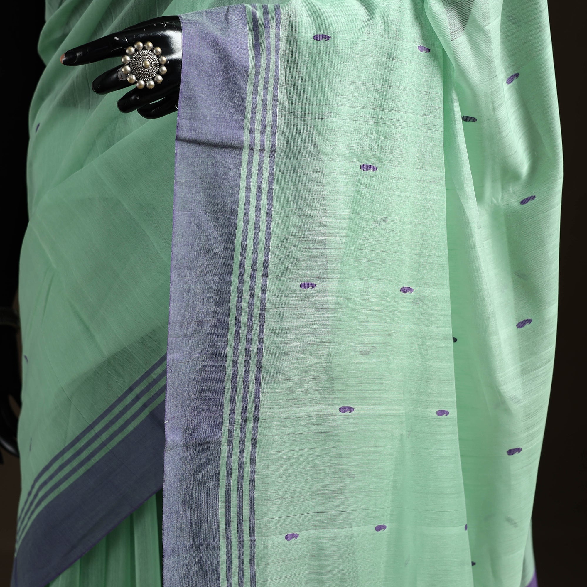 Green - Pure Handloom Cotton Thread Buti Chanderi Saree 08 - Image 3