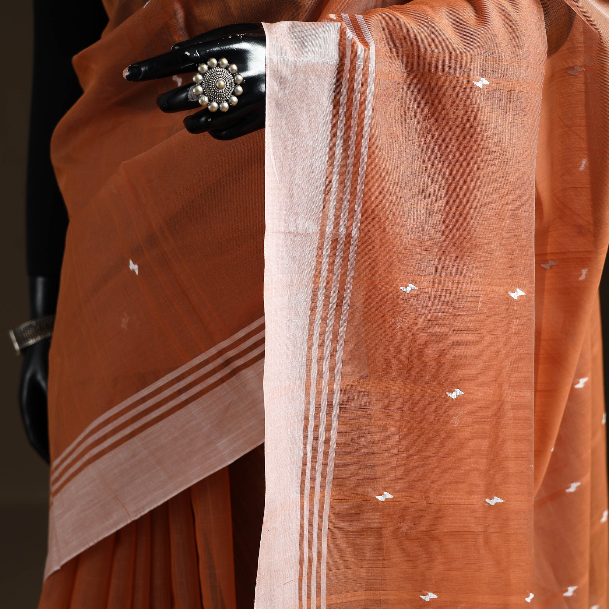 Orange - Pure Handloom Cotton Thread Buti Chanderi Saree 12 - Image 3